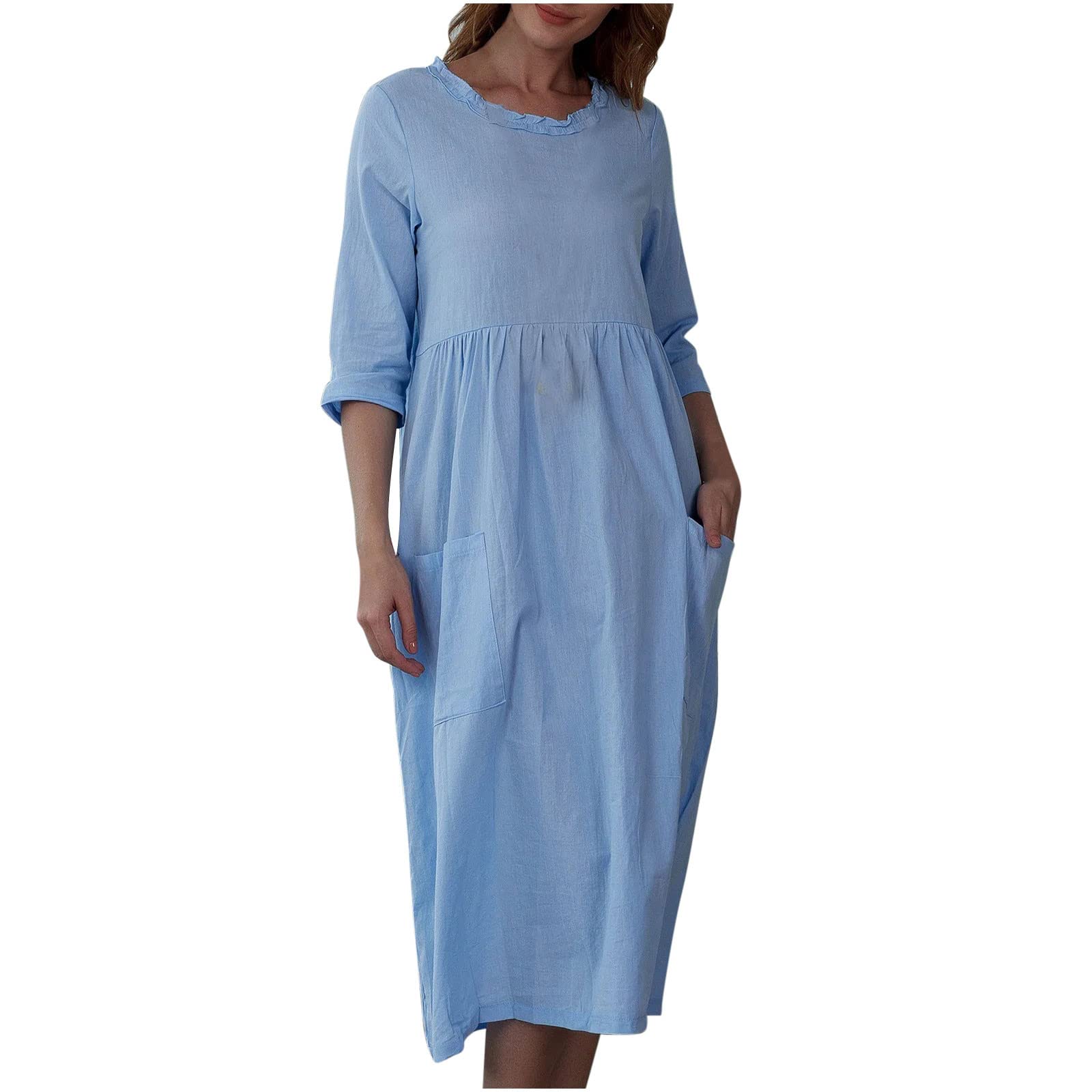 Women's Long Sleeve Midi Dress - Winter & Fall Casual Cotton Linen Dress with Elastic Waist & Pockets | Comfortable Loose Fit Crewneck Solid Color Dress for Work, Office, Date Night & Everyday Wear