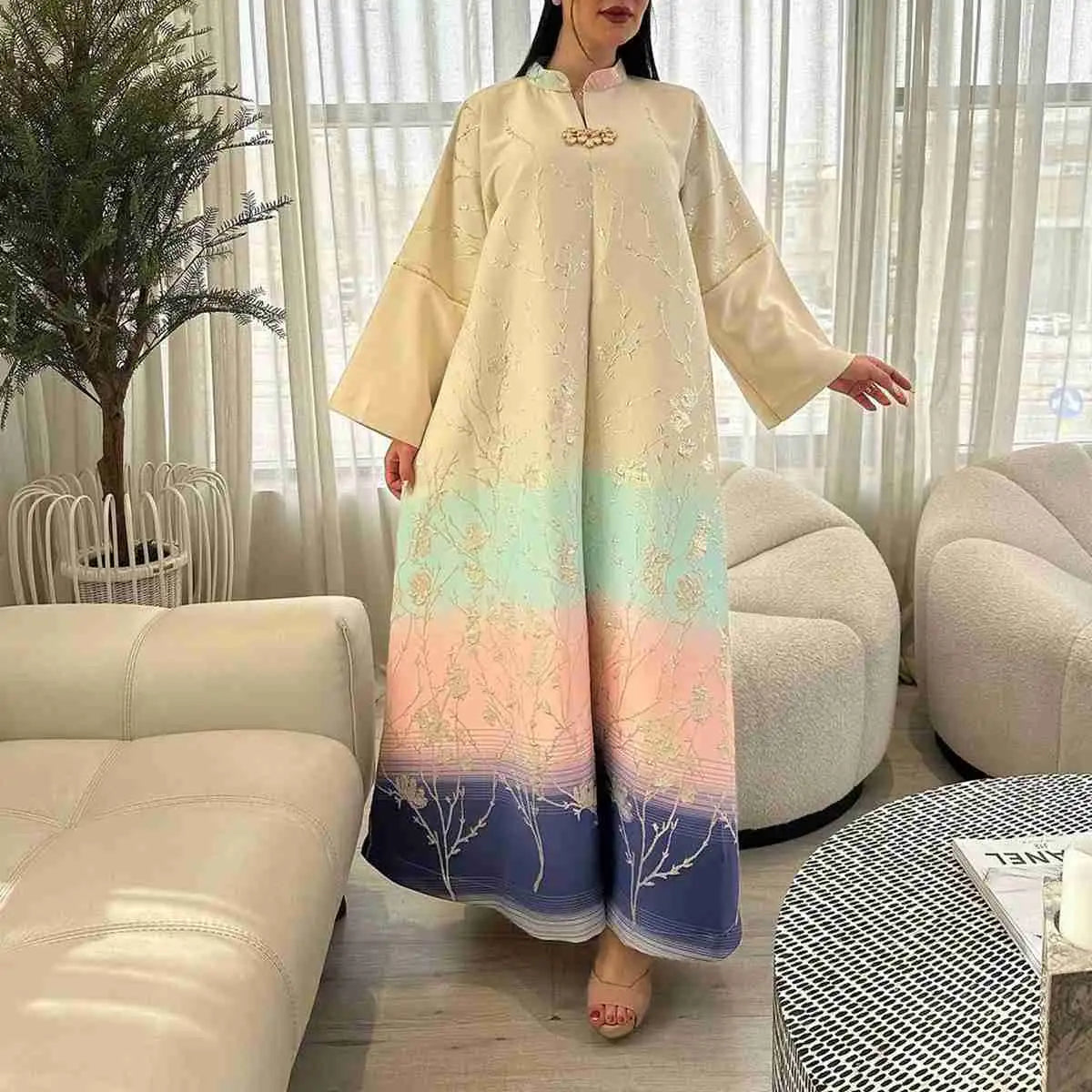 Elegant Eid Gradient Jacquard Dress for Muslim Women - Flowy Caftan Kaftan Dress & Jalabiya - Perfect for Eid Celebrations, Weddings, and Special Occasions