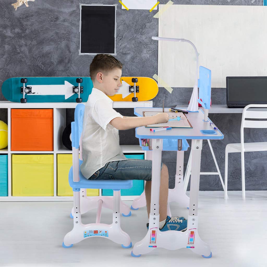 Fiudx Adjustable Kids Study Desk and Chair Set with Storage Drawer, Bookstand & LED Light - Ergonomic Children's Learning Table for Home Schooling, Online Classes, Homework & Laptop Workstation - Perfect for Boys & Girls Bedroom or Playroom