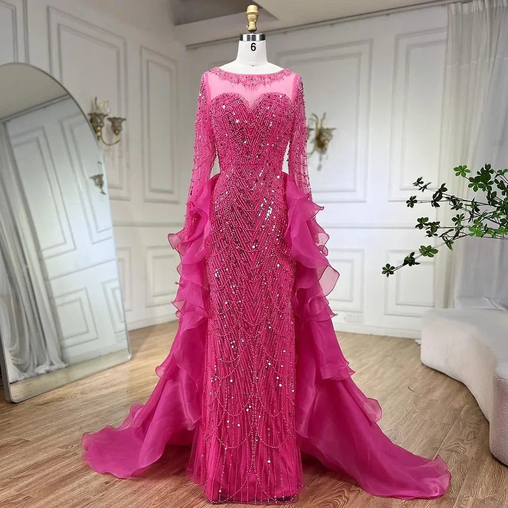 Serene Hill Fuchsia Mermaid Over Skirt Beaded Luxury Dubai Long Evening Dresses for Women - Elegant Wedding Party Gowns 2025 LA72379 | Perfect for Red Carpet Events, Galas & Formal Occasions