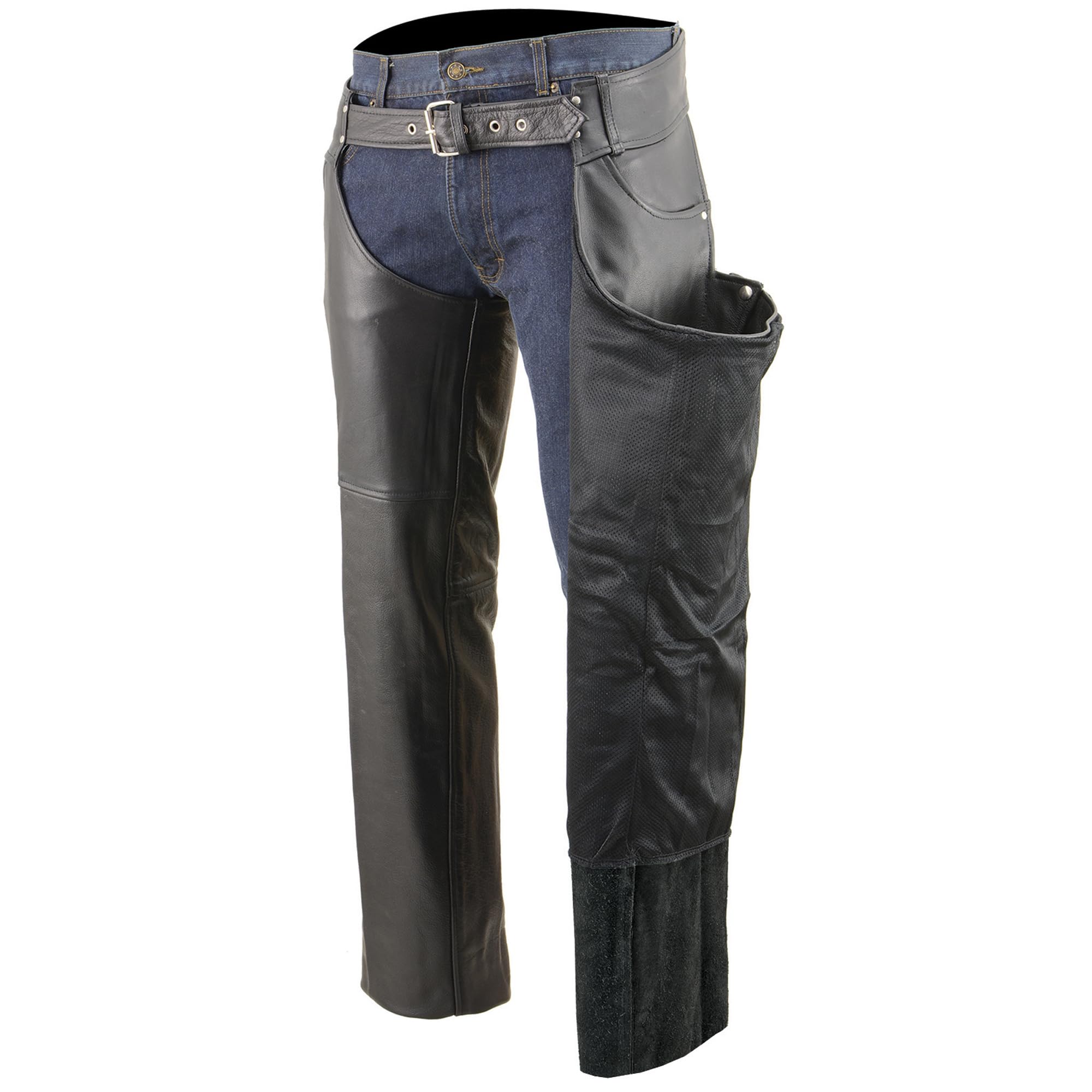 Milwaukee Leather SH1101 Men's Black Premium Leather Motorcycle Chaps - Classic Jean Style with Pockets for Comfort & Protection - Ideal for Harley, Cruiser & Adventure Bike Riders
