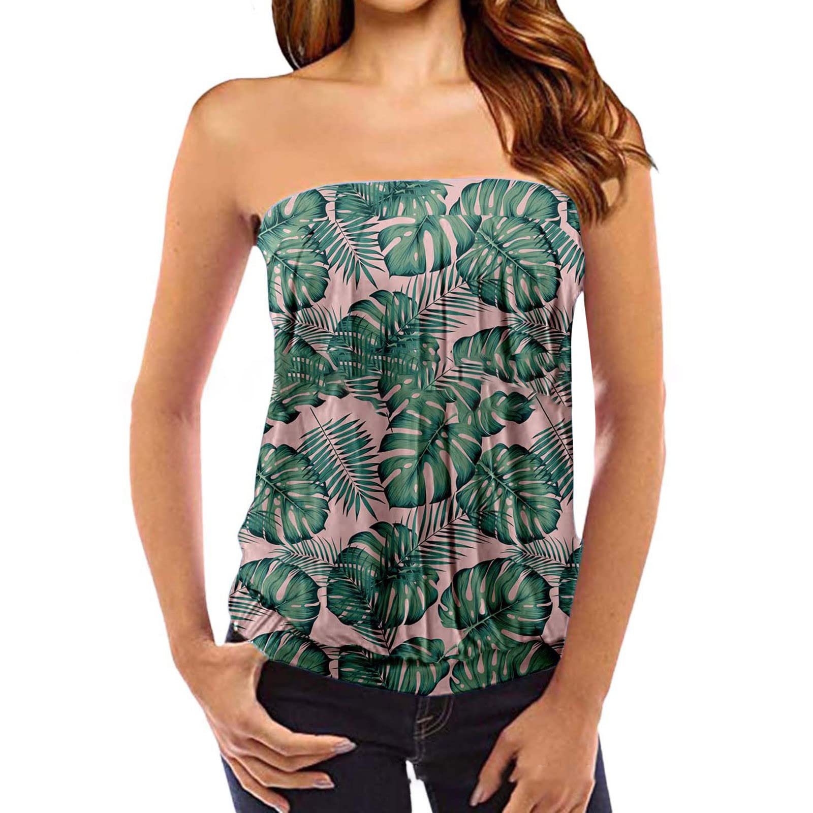 Women's Floral Strapless Bandeau Tank Top - Sleeveless Pleated Flowy Summer T-Shirt for Beach, Holiday & Party Wear | Tube Top Casual Outfit