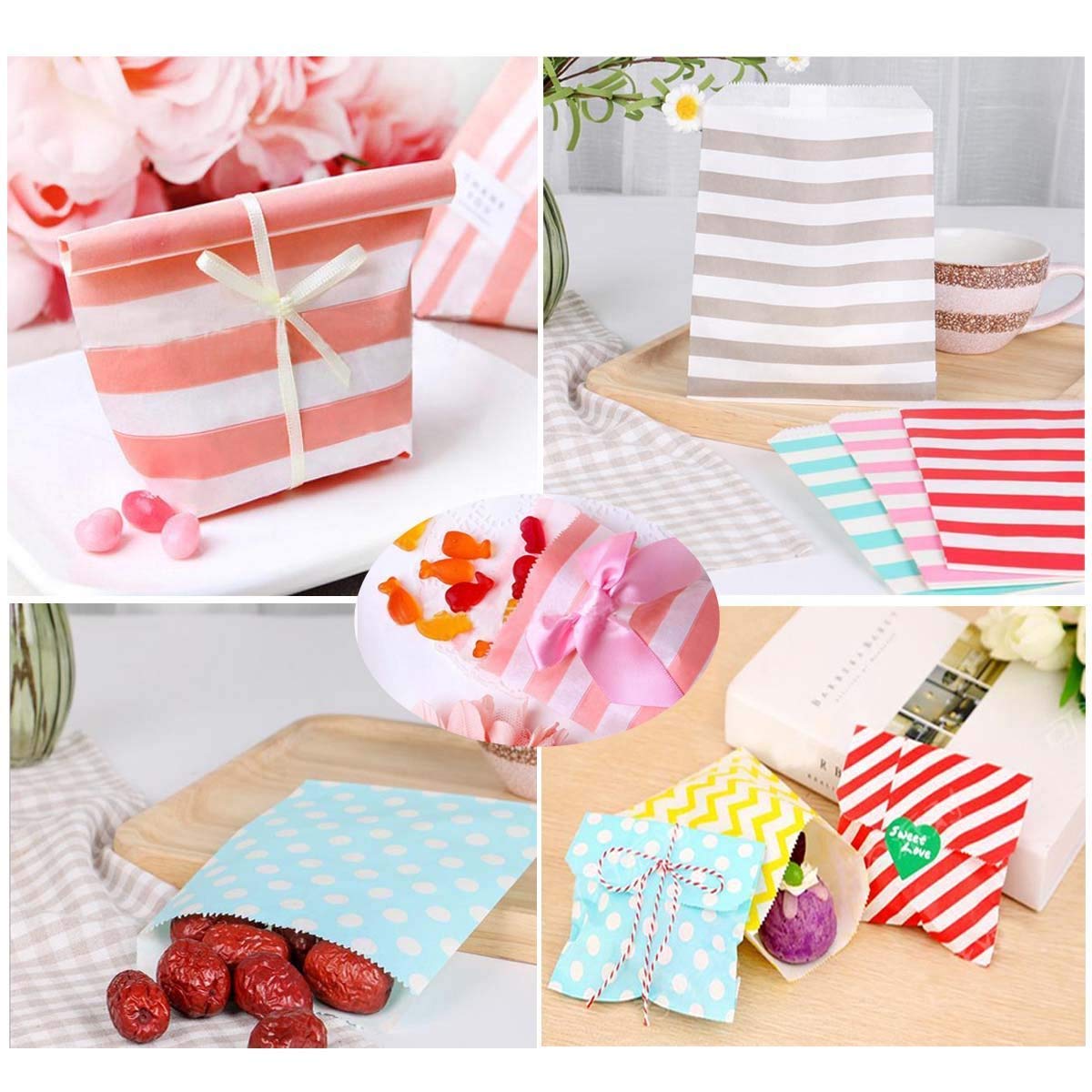 Eco-Friendly Biodegradable Paper Candy Cookie Bags | Food Safe Party Favor Bags | 100 Count, 4 Assorted Designs (Grey) | Perfect for Birthday Parties, Baby Showers & Wedding Favors