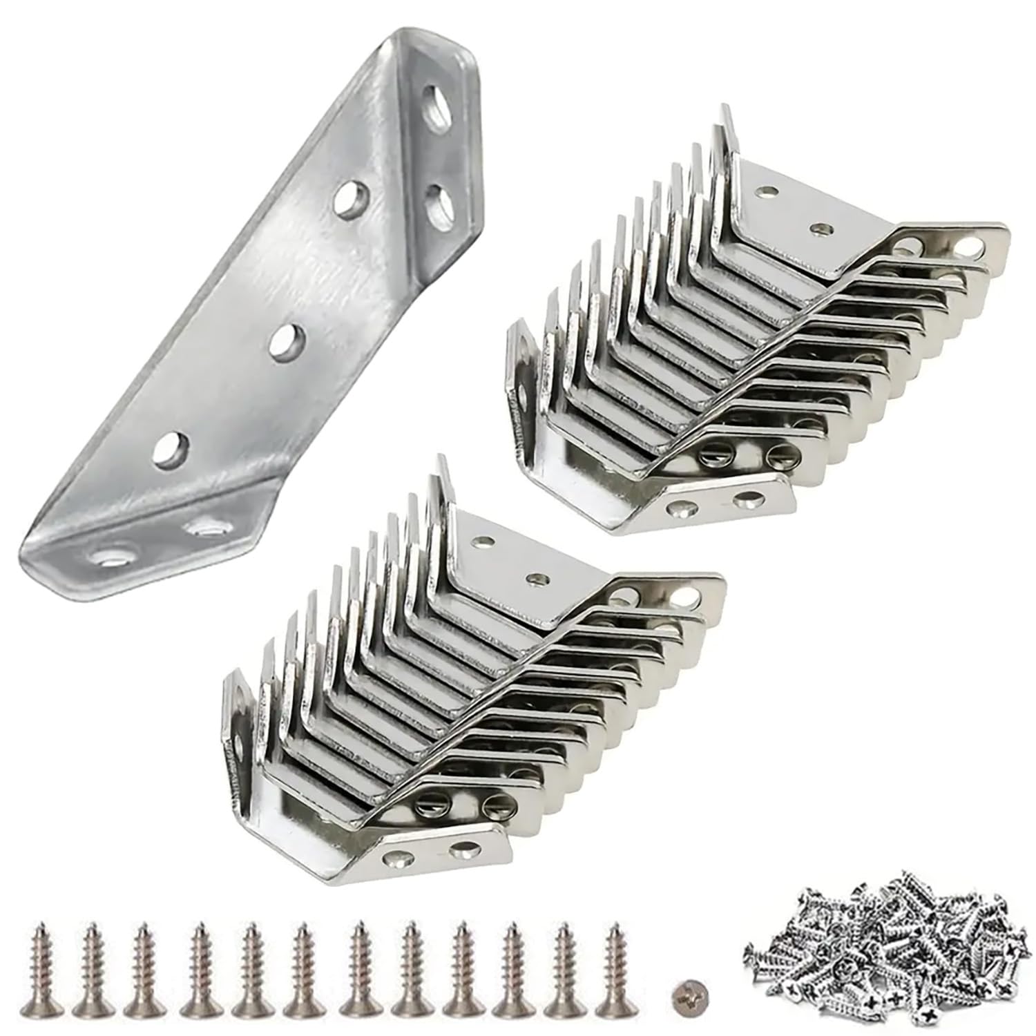 Universal Stainless Steel Furniture Corner Connector Bracket - 20 Pcs with 140 Screws for Table, Shelf & Cabinet Assembly - Heavy Duty Angle Fastener for DIY Furniture Repair & Woodworking Projects