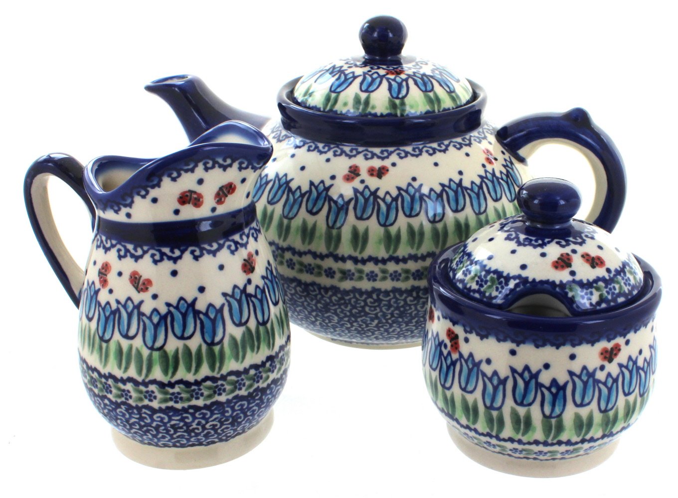 Blue Rose Polish Pottery 3-Piece Tea Set with Tulip Design - Perfect for Garden Parties, Afternoon Tea & Home Decor