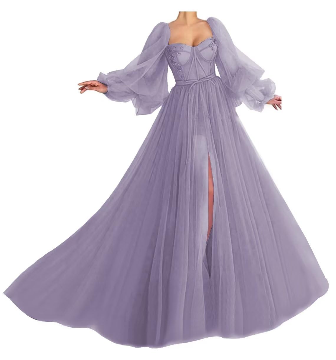 Lavender Tulle Prom Dress with Long Sleeves & Corset - Elegant Ball Gown Princess Dress for Women | Perfect for Homecoming, Wedding, Quinceañera & Formal Events