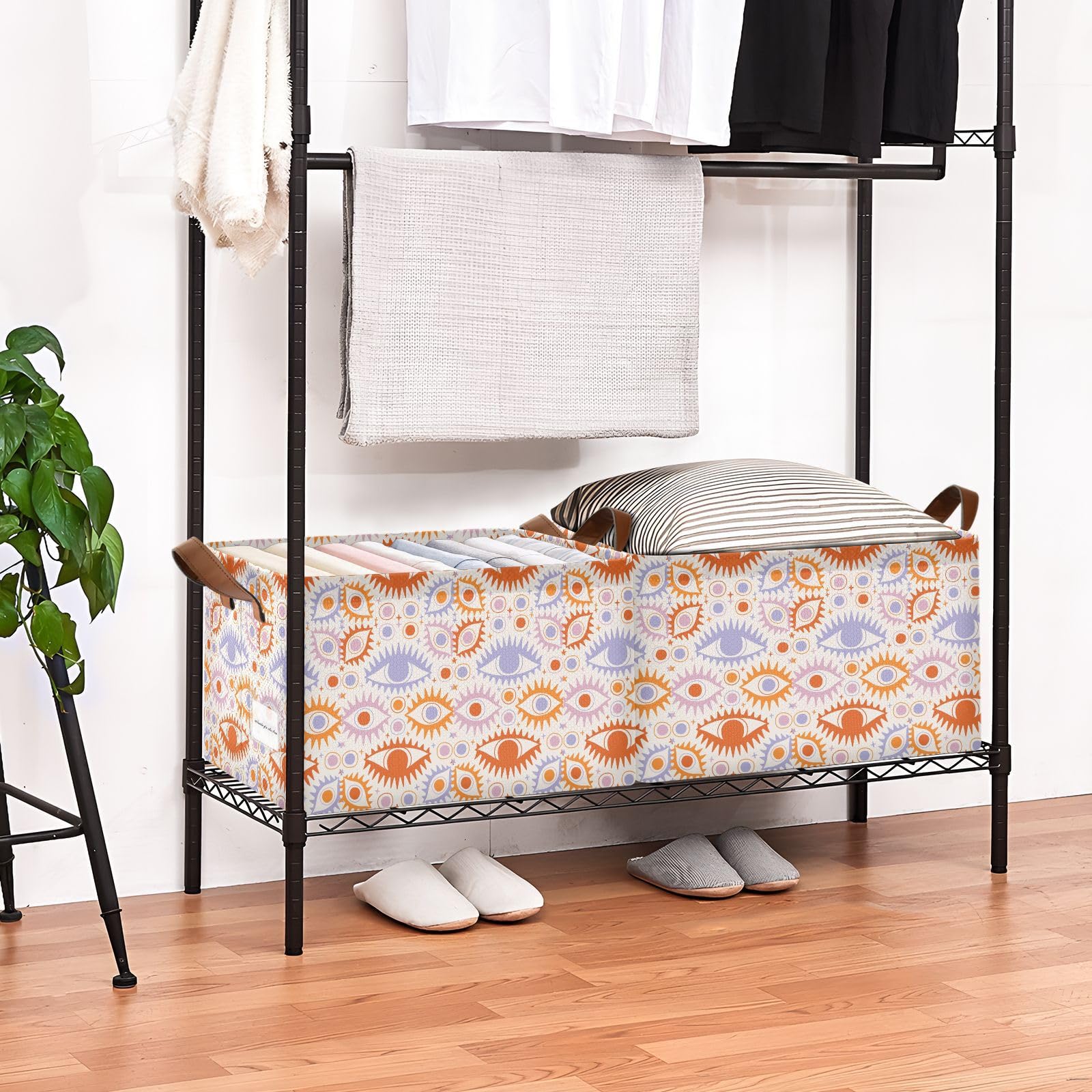 Bohemian Orange & Purple Collapsible Fabric Storage Bins with Handles - 2 Pack Foldable Cube Organizers for Home, Closet, Nursery & Office Organization