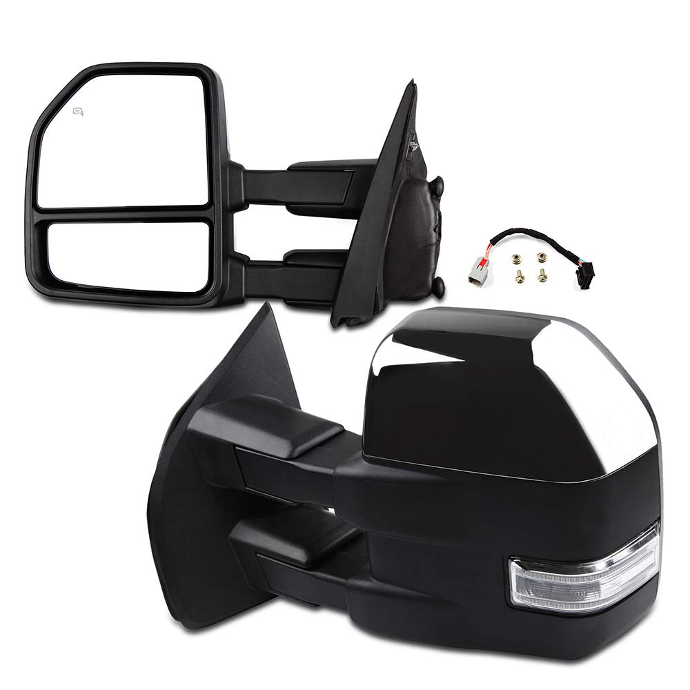 AUTOMUTO Power-Adjustable Towing Mirrors for Ford F150 (2015-2017) - Chrome Heated Mirrors with Turn Signal & Puddle Light - LH Driver & RH Passenger Side - Includes Converter Plug - Perfect for Towing Trailers, Campers & Heavy Loads