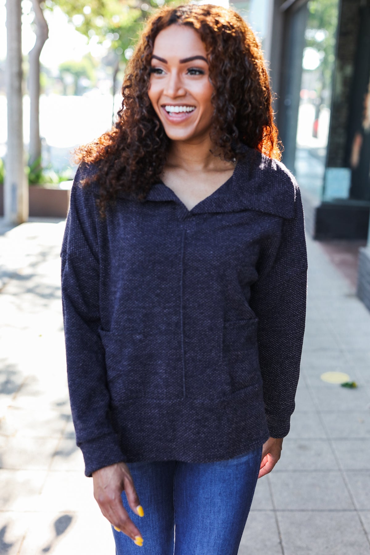 Easy Living Charcoal Textured Knit Notch Neck Oversized Collar Sweater | Women's Chunky Knit Pullover | Cozy Winter Fashion for Casual Outings & Coffee Dates