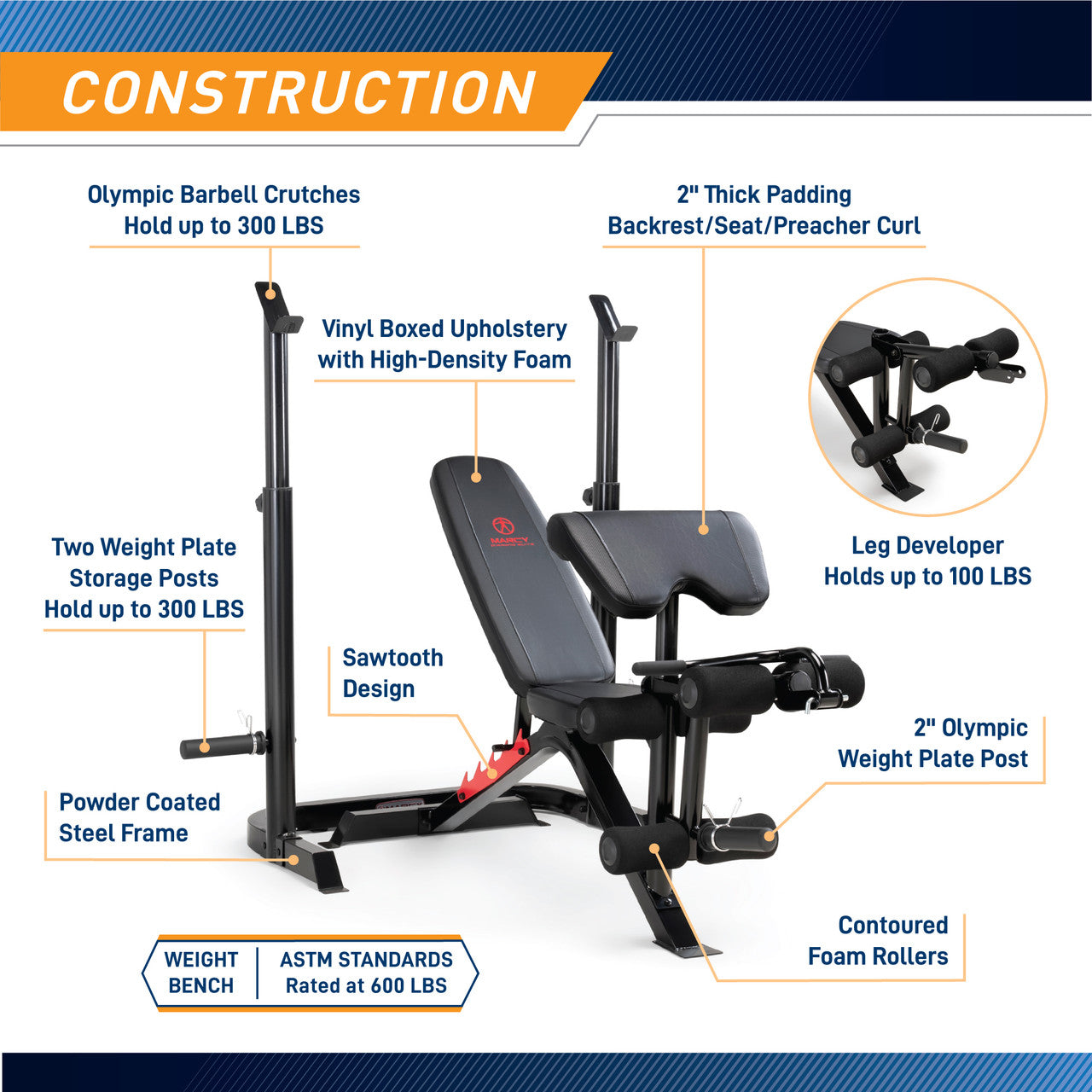 Marcy MD 7836 Olympic Weight Bench with Squat Bar Catch - 2-Piece Home Gym Equipment for Strength Training & Powerlifting Workouts
