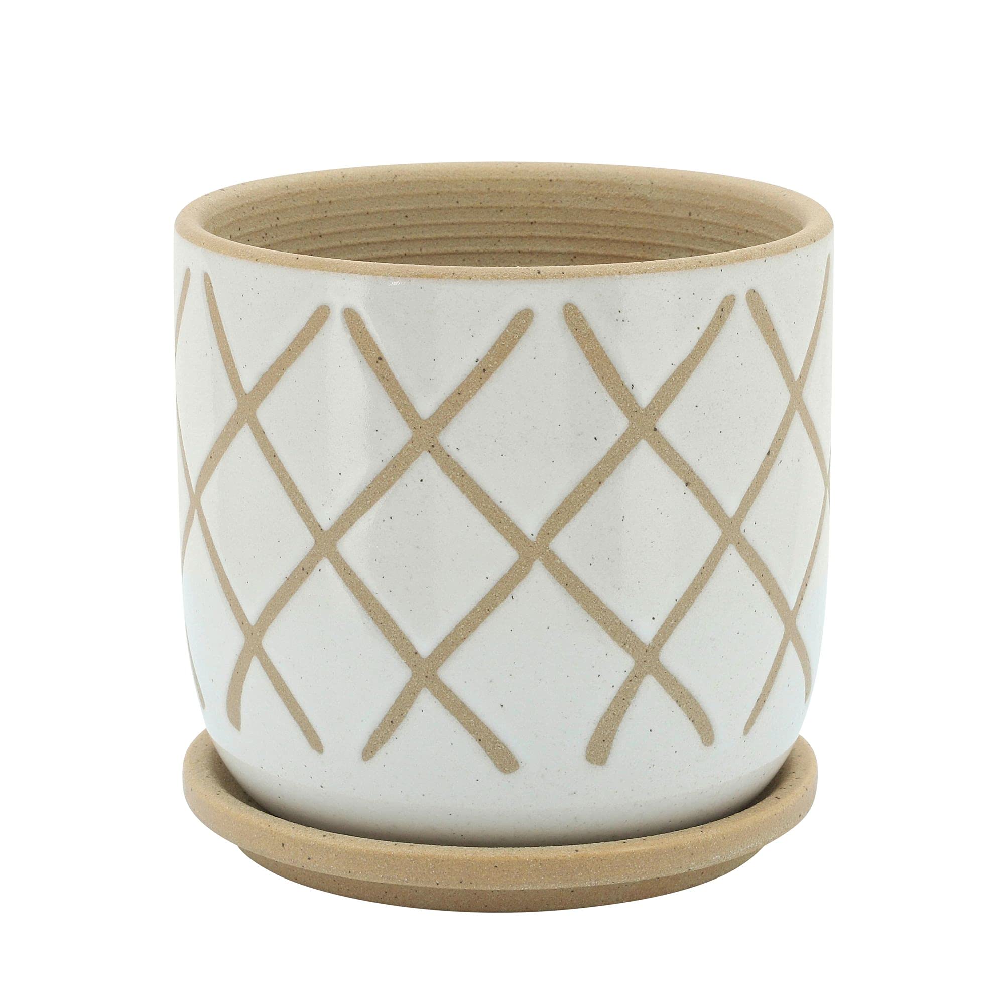 Kingston Living 6 Inch White and Beige Ceramic Cross Planter with Drainage Saucer - Perfect for Indoor Plants, Succulents, Home Decor, and Church Decorations