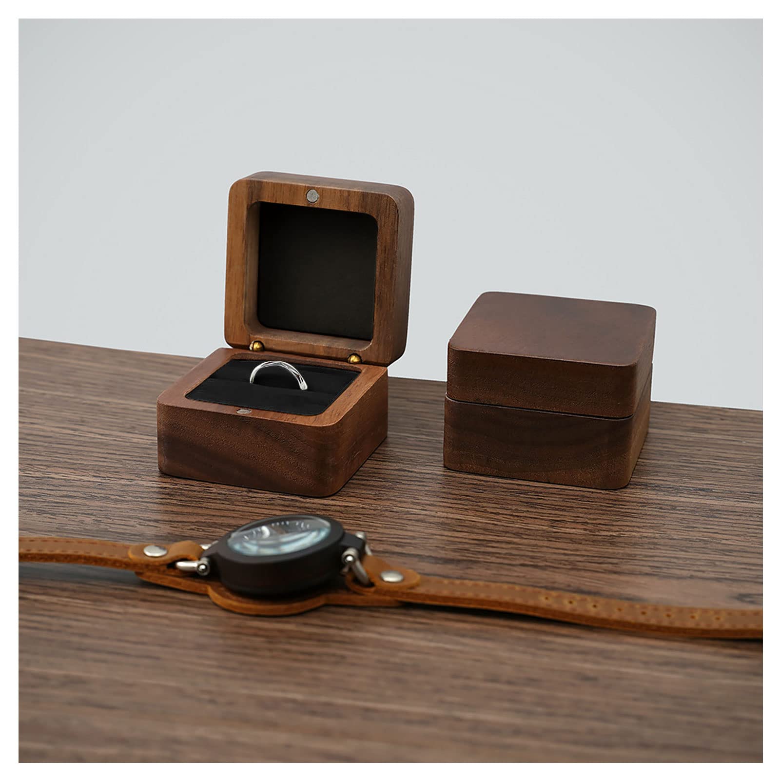 FuninCrea Personalized Wooden Ring Box - Elegant Square Wedding Ring Holder with Single Slot for Engagement & Ceremonies | Vintage Jewelry Display Case for Proposals, Vows & Special Occasions