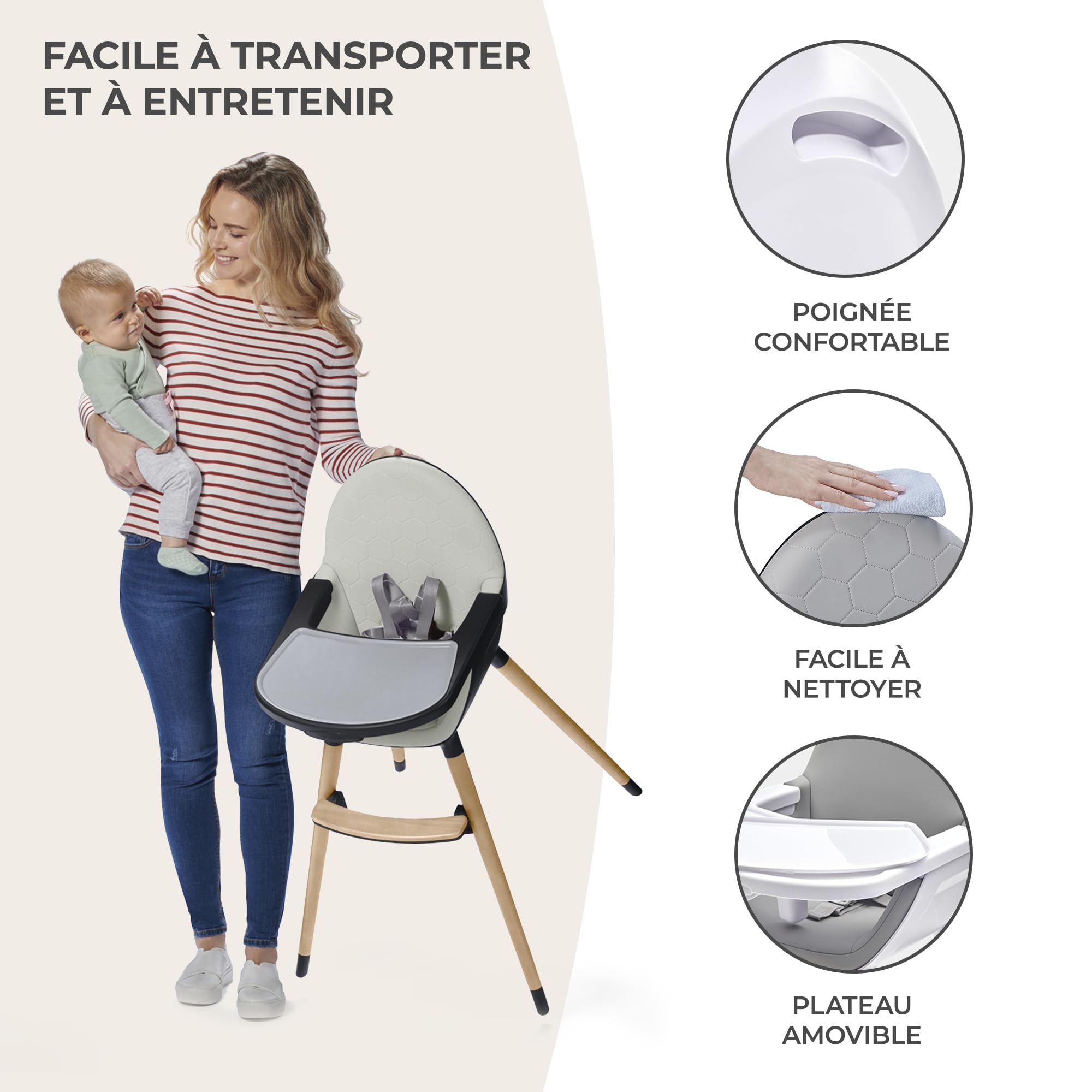Kinderkraft FINI 2-in-1 Adjustable Baby High Chair with Removable Tray - Convertible Toddler Dining Chair, Height Adjustable, Sturdy 20kg Capacity, Easy to Clean Gray - Perfect for Home, Restaurant & Daycare Use