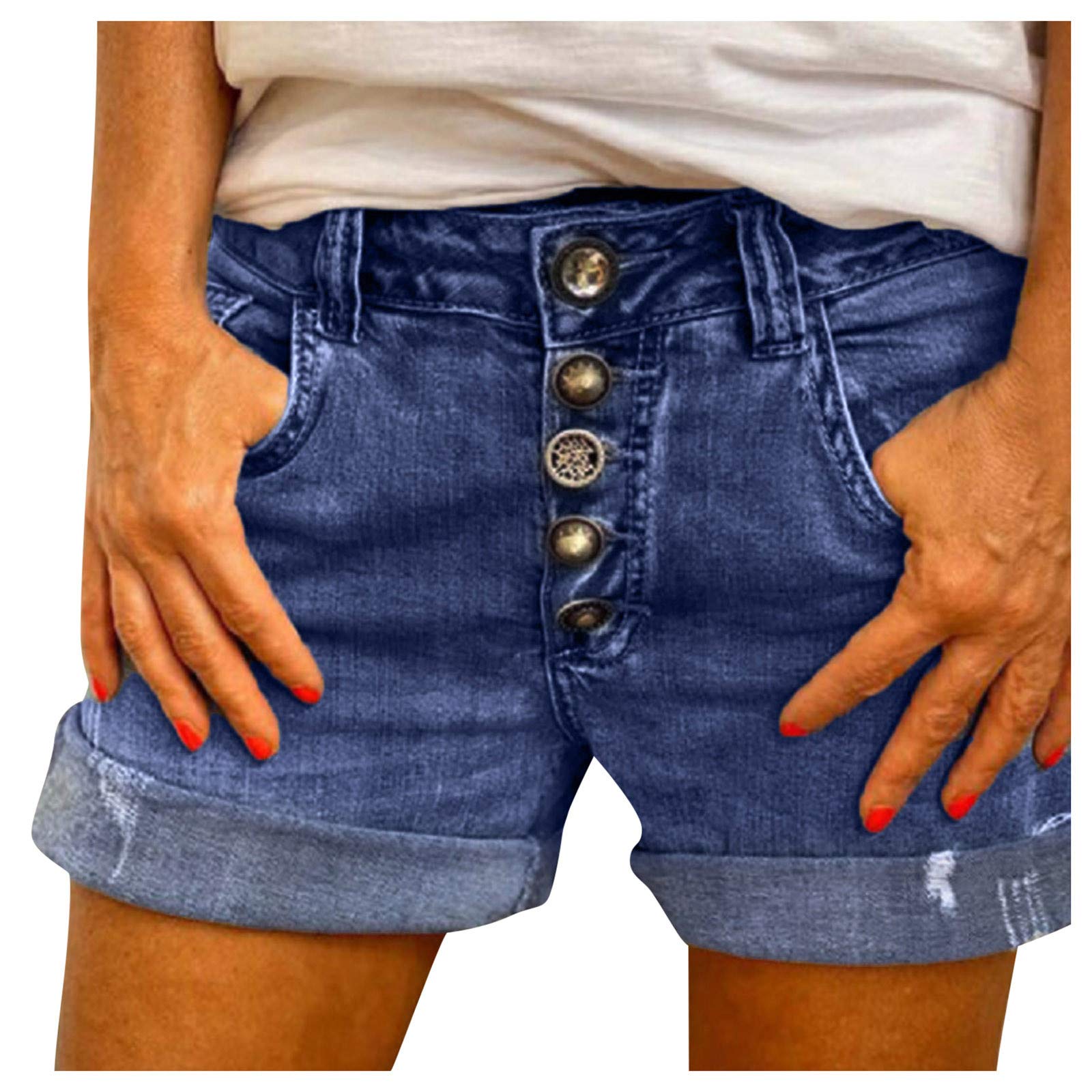 Trendy Women's High Waist Stretch Denim Shorts with Distressed Holes - Comfortable & Fashionable Blue Jean Shorts for Summer Outfits, Casual Wear, and Beach Vacations