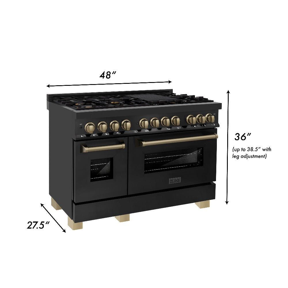 ZLINE Autograph Edition 48-inch Black Stainless Steel Kitchen Package - Dual Fuel Range, Range Hood, Dishwasher & Champagne Bronze Refrigerator | Premium Kitchen Appliances for Modern Homes & Professional Chefs