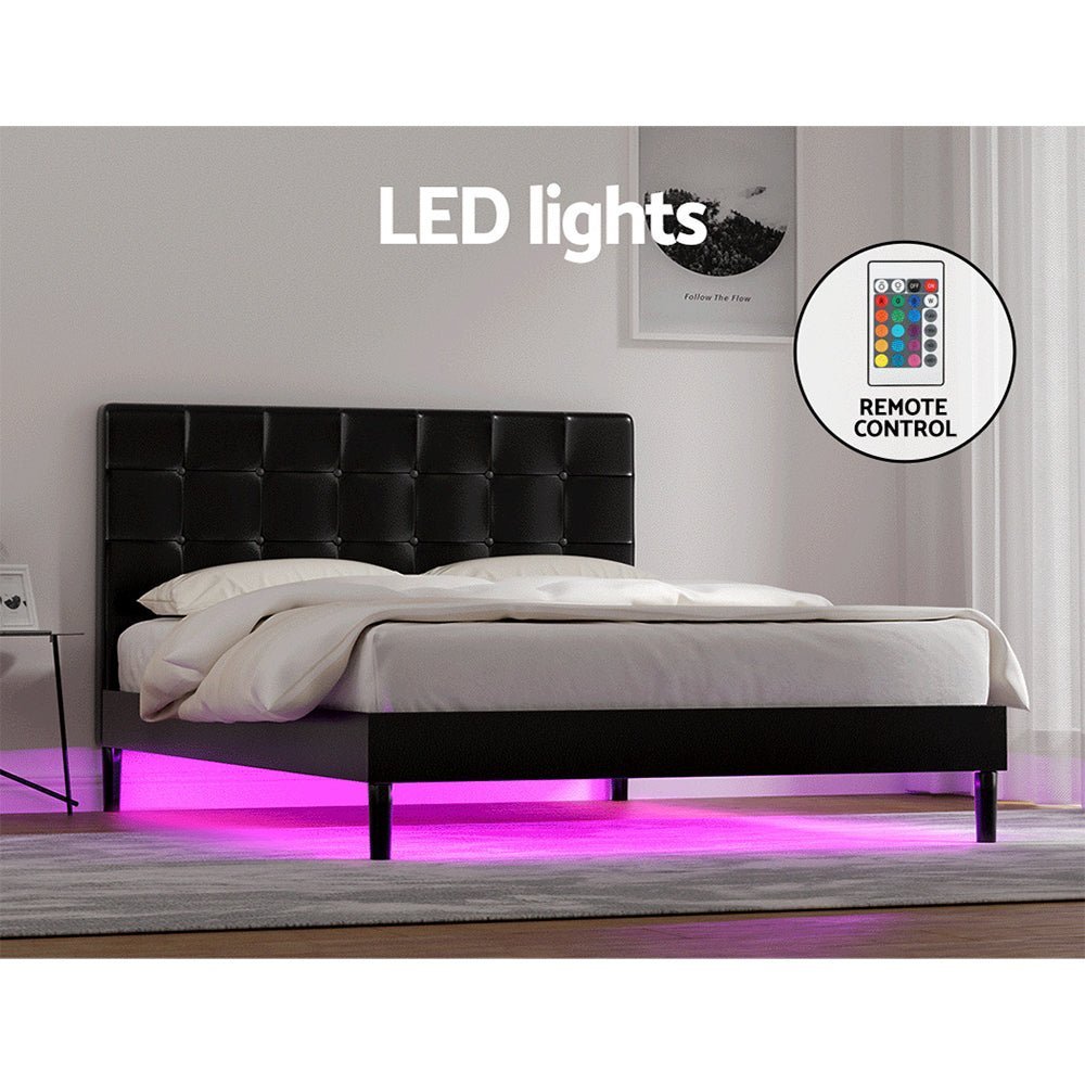 Double Package: Manly LED Bed Frame in Black & Bonita Pillow Top Medium Firm Mattress - Modern Bedroom Set for Adults with Ambient Lighting
