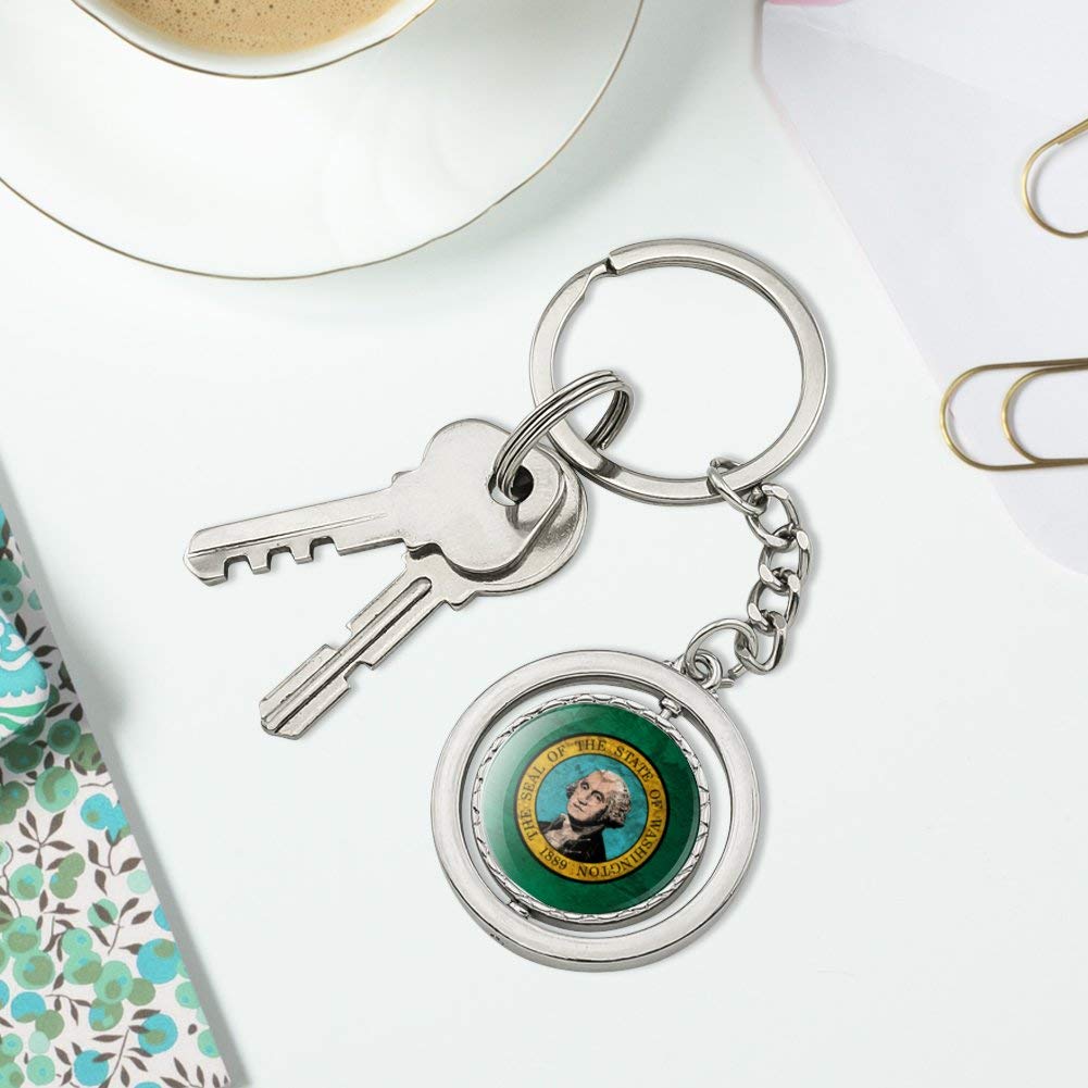 Vintage Rustic Washington State Flag Keychain - Distressed USA Design, Spinning Round Chrome Plated Metal - Perfect for Travel, Gifts & Key Organization