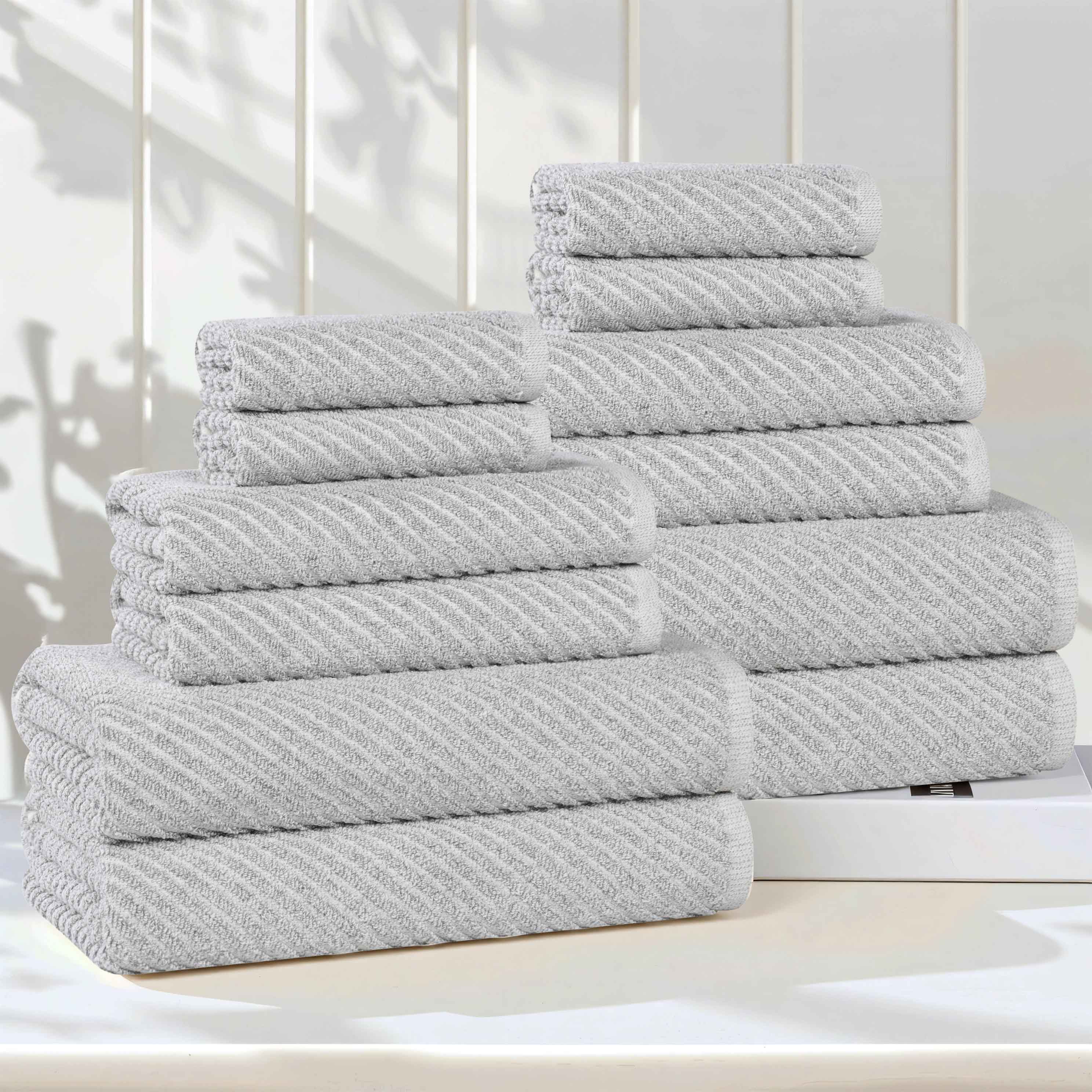 Amelia 12-Piece Cotton Blend Towel Set - Medium Weight Diagonal Stripes for Bath, Spa & Beach - Soft & Absorbent Luxury Towels