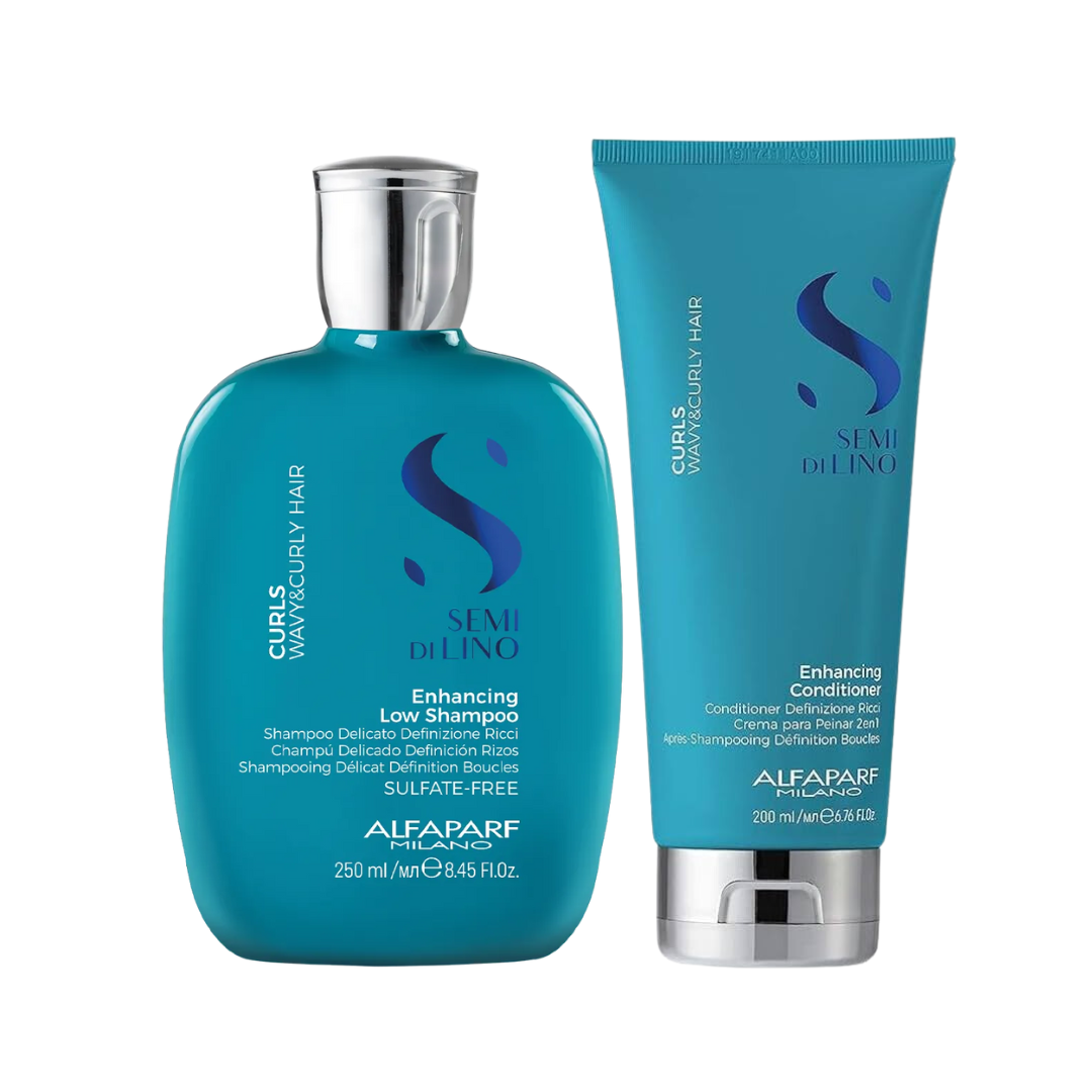 Alfaparf Milano Semi Di Lino Curls Enhancing Low Shampoo 250ml & Conditioner 200ml Duo Set for Curly Hair - Hydrating & Defining Natural Curls - Perfect for Daily Hair Care Routine