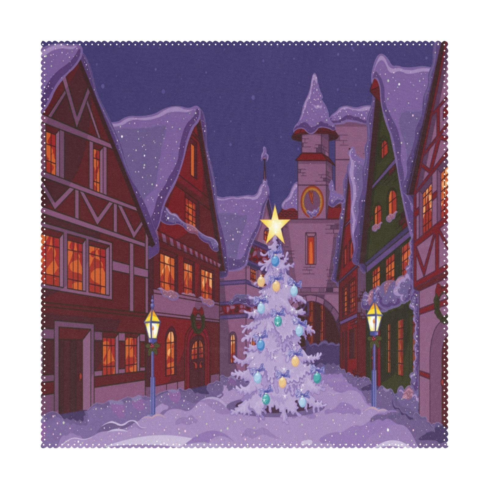 Christmas Town Street Square Placemats Set of 4 - 12x12 Inch Heat Resistant & Non-Slip Table Mats for Dining, Kitchen Decor - Perfect for Holiday Parties, Family Gatherings & Festive Home Styling