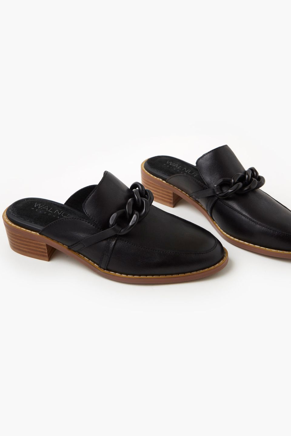 Gabriel Black Leather Mule Shoes with Gold Chain Detail - Comfortable Slip-On Women's Loafers for Office, Casual Outfits & Everyday Wear