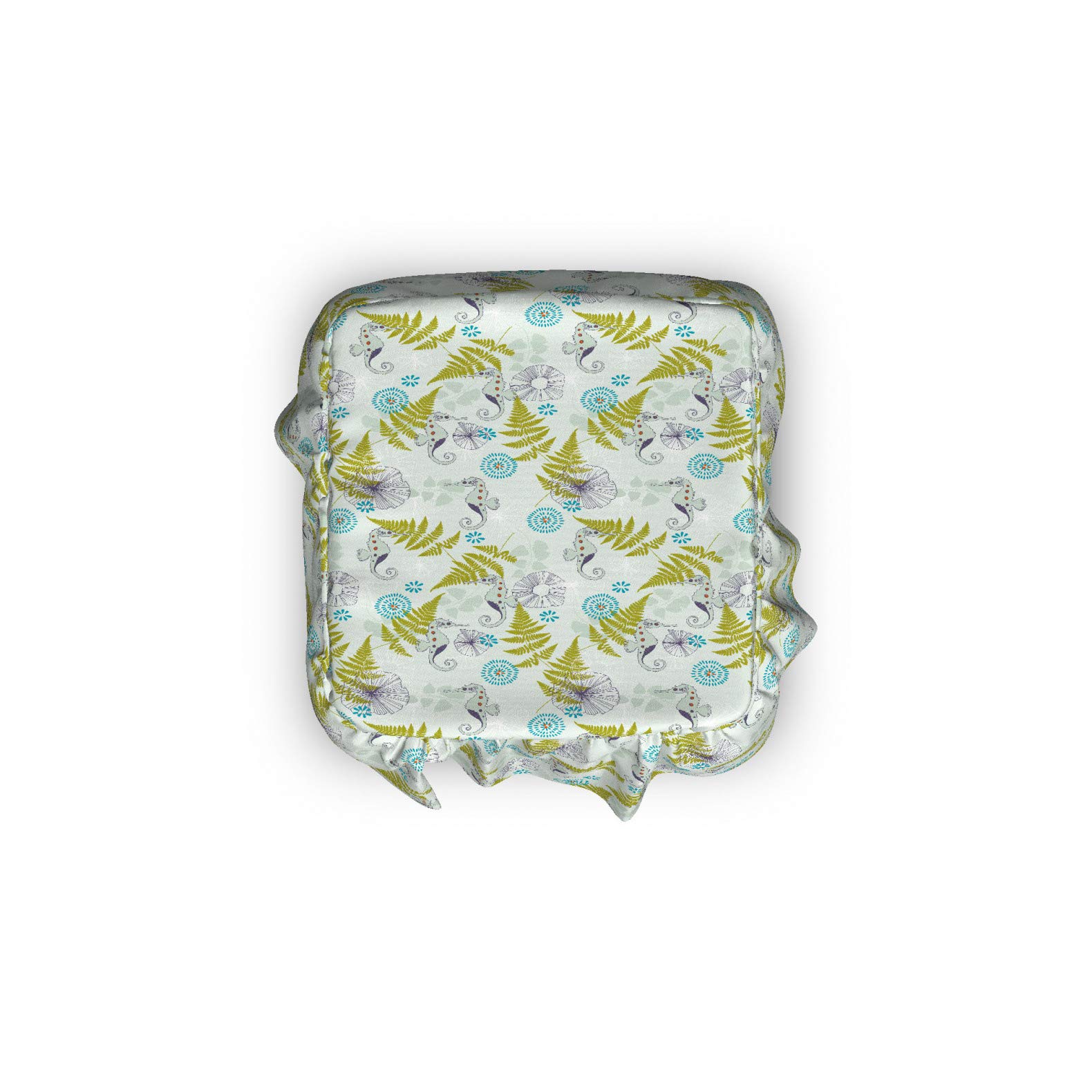 Ambesonne 2-Piece Ottoman Slipcover Set with Ruffle Skirt - Seahorse & Fern Pattern Square Round Cube Footstool Cover - Standard Size Almond Green & Apple Green - Perfect for Living Room, Bedroom, Nursery Decor