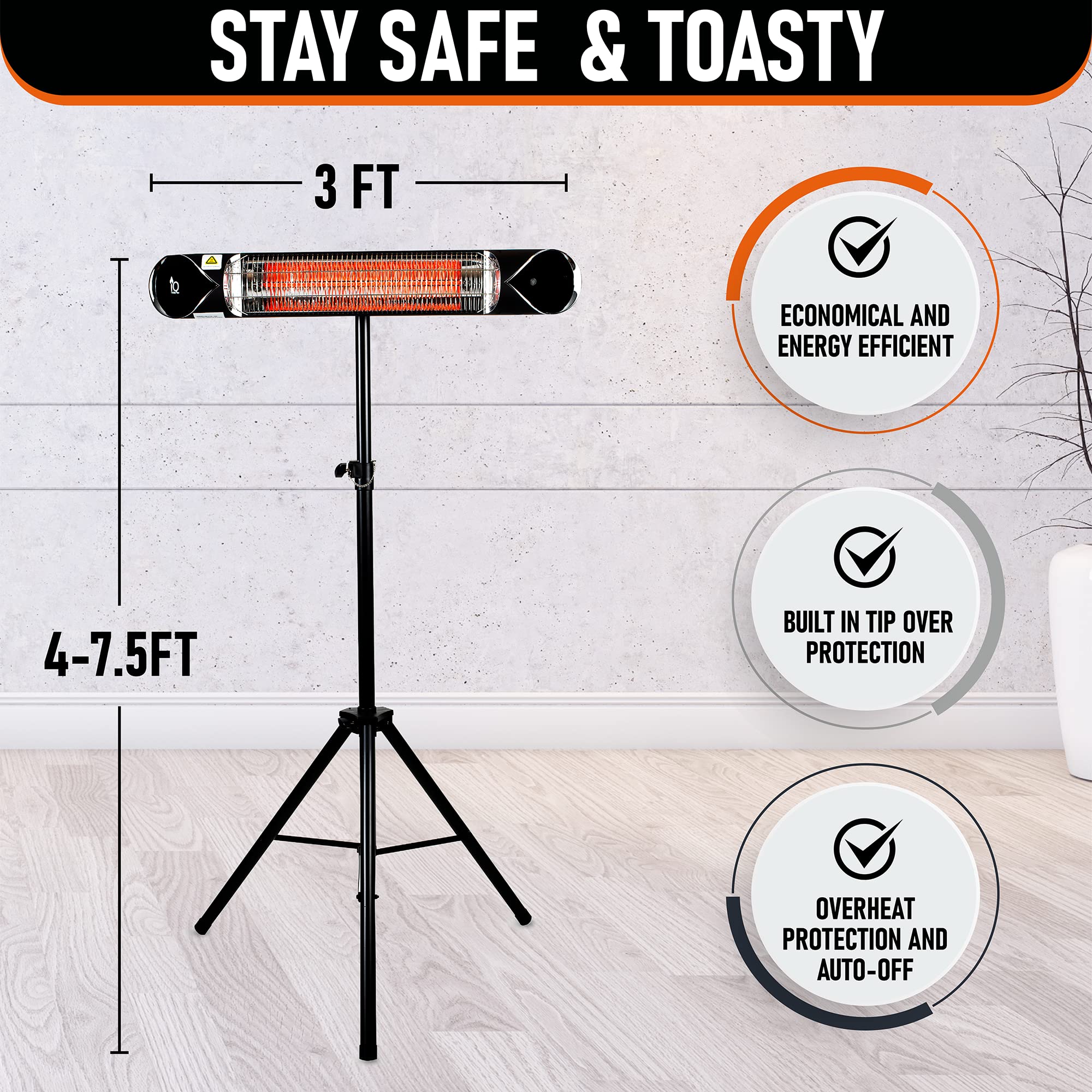 1500W Electric Outdoor Portable Heater with Stand - Weatherproof Infrared Heater for Indoor & Outdoor Use - Perfect for Patio, Garage, Camping, and Backyard Gatherings
