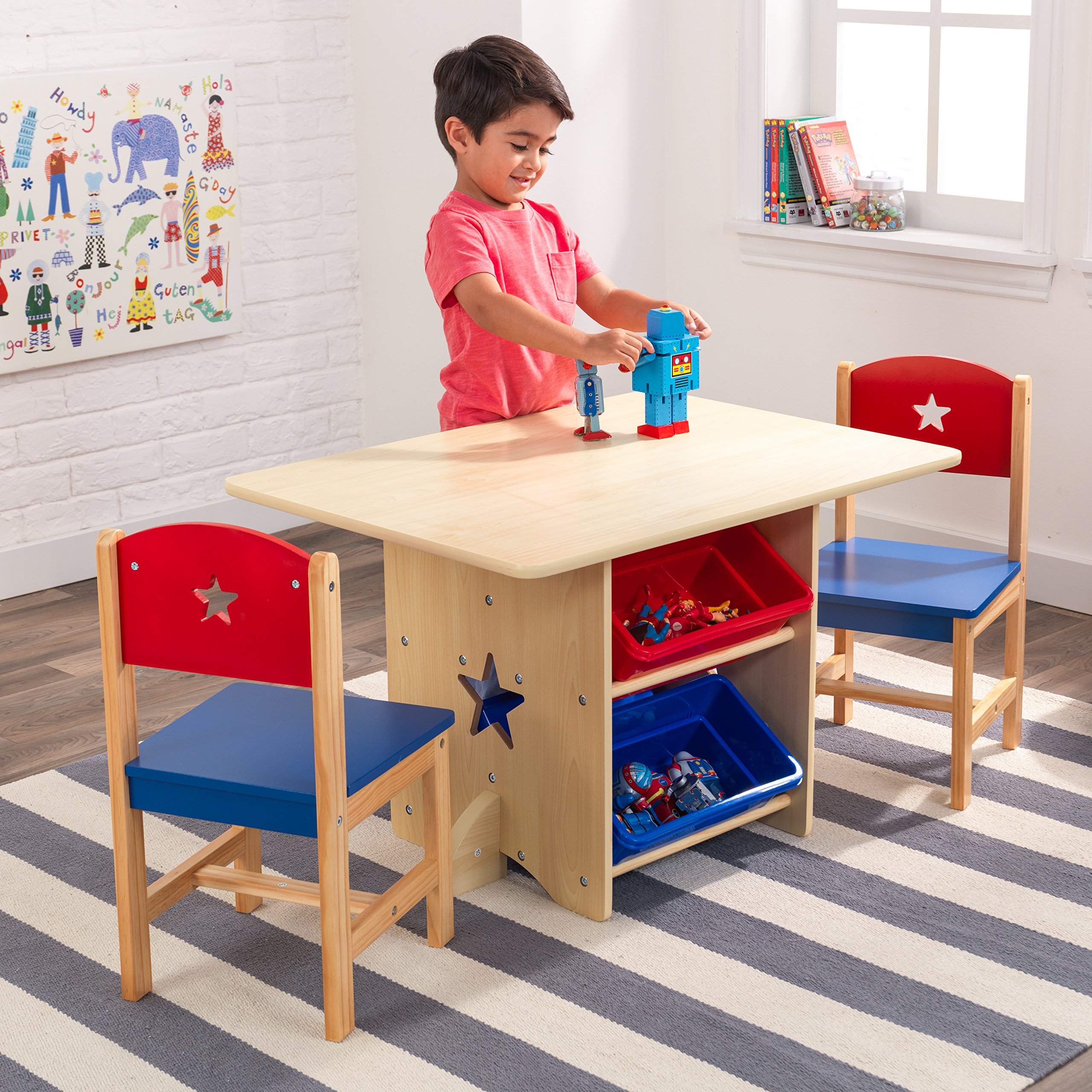 KidKraft Wooden Star Table & Chair Set with 4 Storage Bins - Kids Study Desk & Play Table for Toddlers, Red, Blue & Natural - Perfect for Preschool Learning, Arts & Crafts, and Playroom Activities