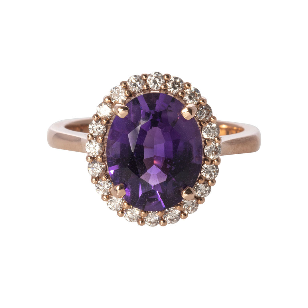 14K Rose Gold Oval Amethyst & Diamond Halo Ring for Women - Elegant Engagement, Wedding, Anniversary Gift for Her