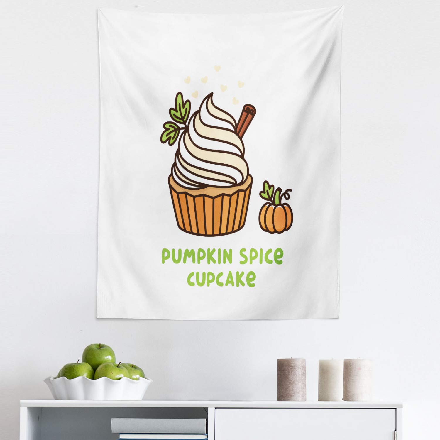 Ambesonne Pumpkin Spice Tapestry - Pumpkin Cupcake with Whipped Cream & Cinnamon Design, Fabric Wall Hanging Decor for Bedroom, Living Room, Dorm - 23