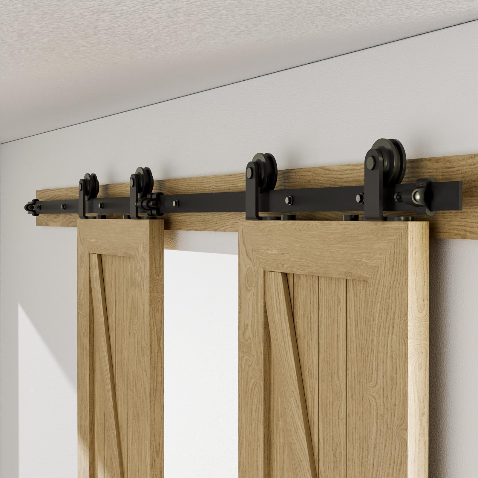 11FT Sliding Barn Double Door Hardware Kit - Black Top Mount T Rollers & Hangers Set for Cabinet Closet (Perfect for Rustic Home Decor, Farmhouse Style Rooms & DIY Wardrobe Projects)
