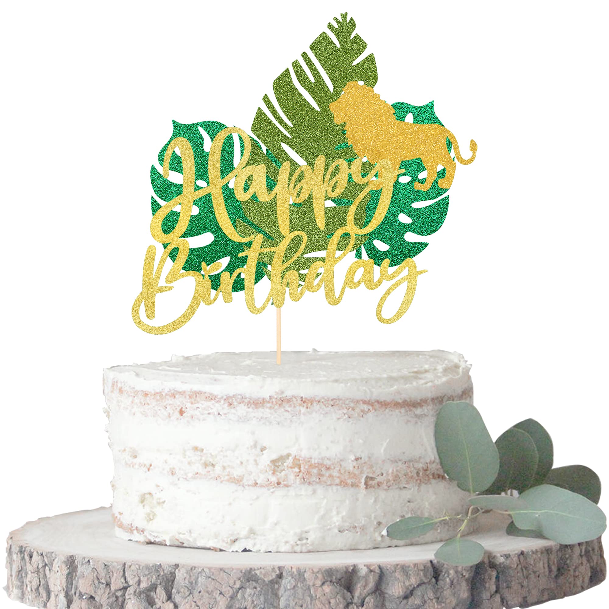 Rsstarxi 1 Pack Happy Birthday Tropical Leaves Cake Topper with Glitter Jungle Animal Lion Cake Picks - Jungle Theme Party Decorations for Baby Showers, Kids Birthday Parties & Cake Decorating | Perfect for Safari, Zoo, and Jungle Themed Celebrations