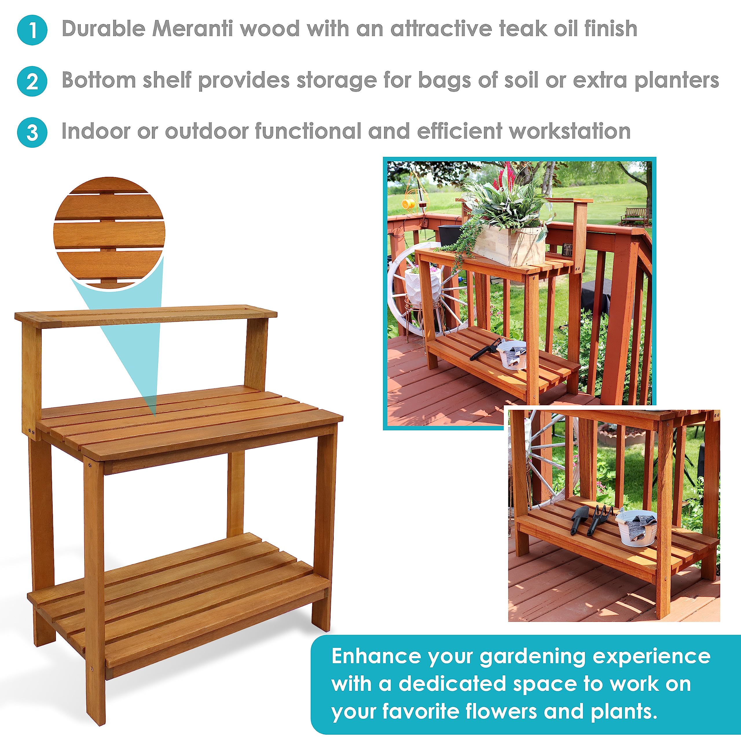 Sunnydaze 42-Inch Meranti Wood Outdoor Potting Bench with Storage Shelf - Durable Teak Oil Finish for Gardening & Plant Care - Perfect for Patio, Greenhouse & Backyard Use