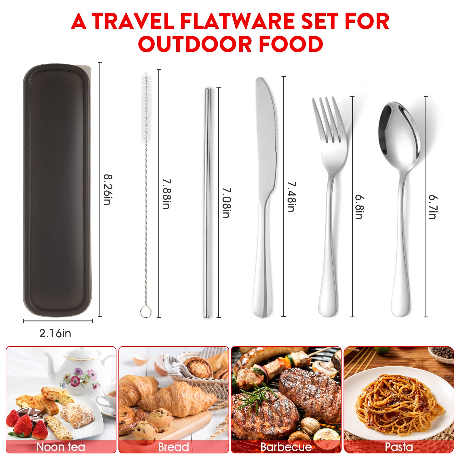 **Portable Stainless Steel Travel Utensil Set with Case - 6-Piece Reusable Camping Cutlery (Knife, Fork, Spoon) for Work, Picnics, Hiking & Outdoor Dining**