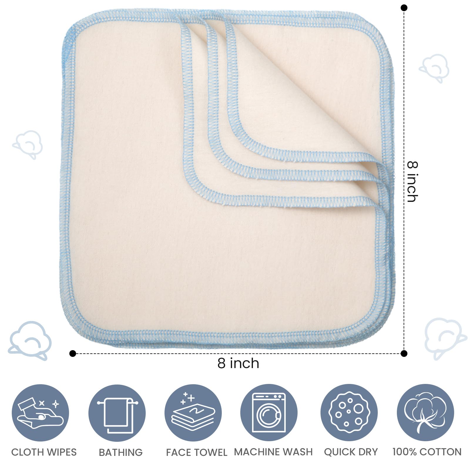 Mixweer 96-Pack Reusable Flannel Baby Wipes - Soft, Washable & Unbleached Cloth Diaper Wipes (8x8 Inches, 8 Colors with Outer Stitching) - Gentle for Baby Face, Hands & Diaper Changes - Perfect for Nursery, Travel & Eco-Friendly Parenting