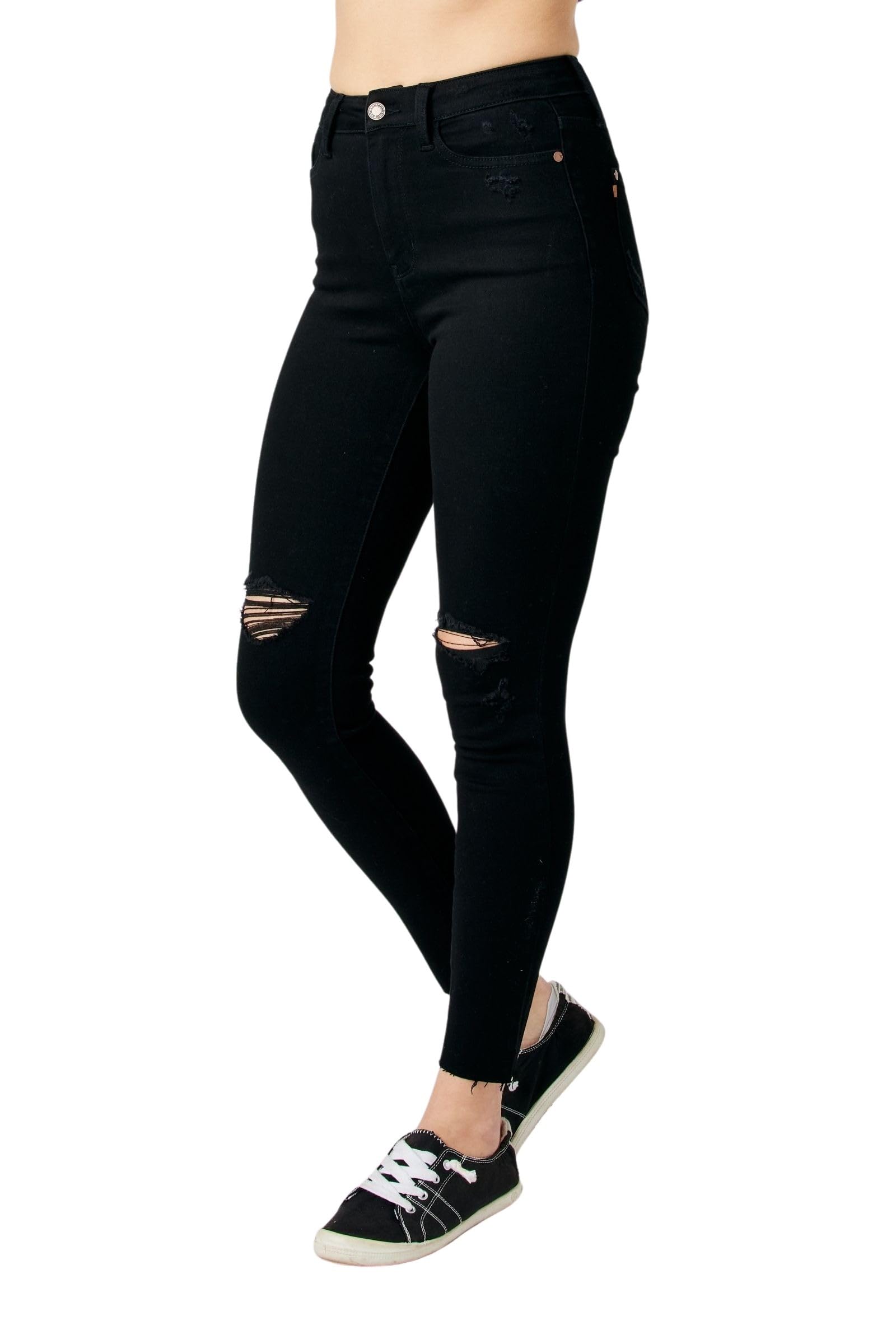 Judy Blue Women's High-Rise Heavy Destroy Raw Hem Skinny Jeans 88562 - Trendy Distressed Denim for Casual Outfits & Night Out Looks