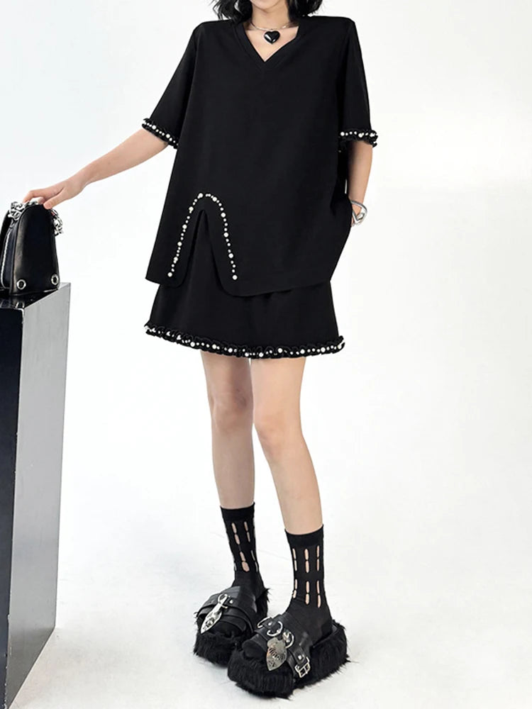 Black Pearl Print T-Shirt & Mini Skirt 2-Piece Set - Round Neck Short Sleeve Women's Fashion Outfit for Spring Summer 2025 | Casual Wear, Street Style, Party Outfit