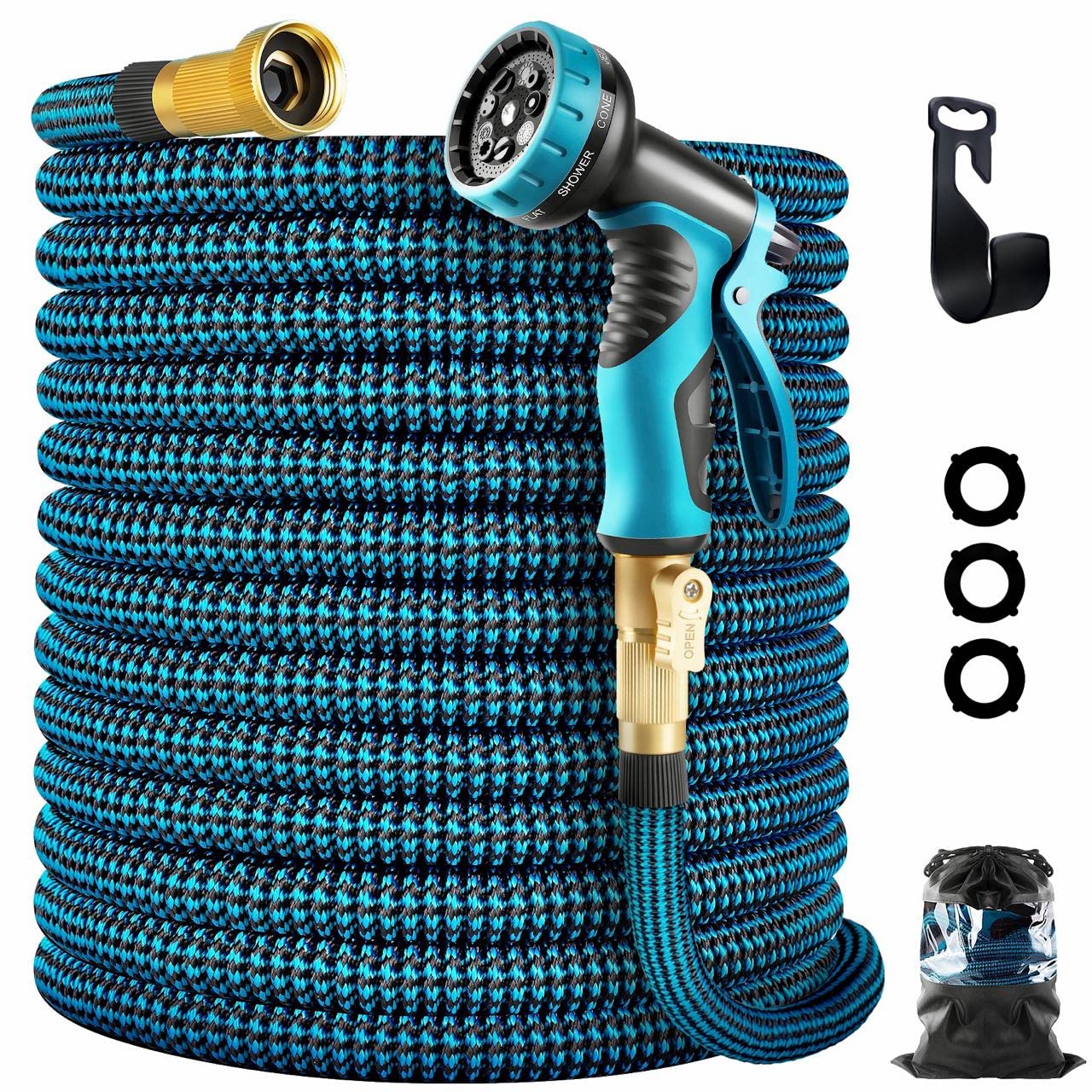 WHIMSWIT 50FT Expandable Garden Hose with 10 Spray Nozzle - Flexible, Durable 3-Layer Latex Water Hose for Gardening, Car Washing, Lawn Watering - Lightweight & Leakproof with Solid Brass Connectors - Perfect for Outdoor Use, Yard Cleaning, and Pet Bathing