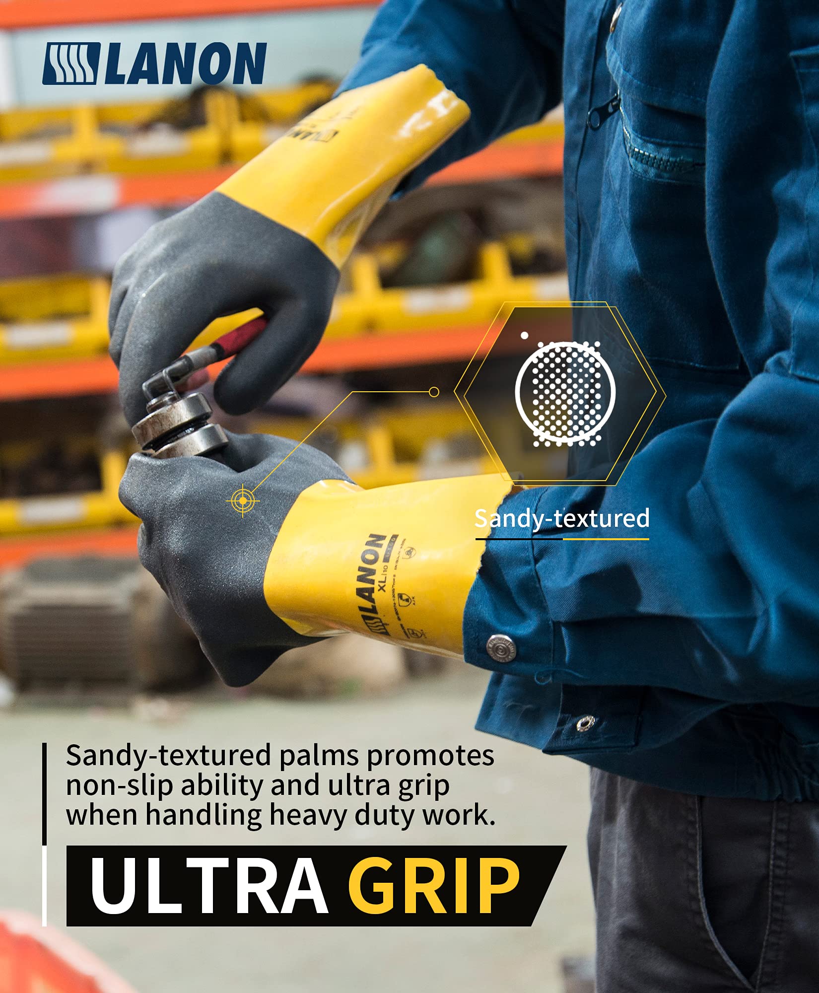 LANON 3 Pairs PVC Chemical Resistant Gloves - Heavy Duty Rubber Work Gloves for Acid, Alkali & Oil Protection - EN 374/388 Certified, Non-Slip Grip, XXL Size - Ideal for Laboratory, Industrial Cleaning & Automotive Repair