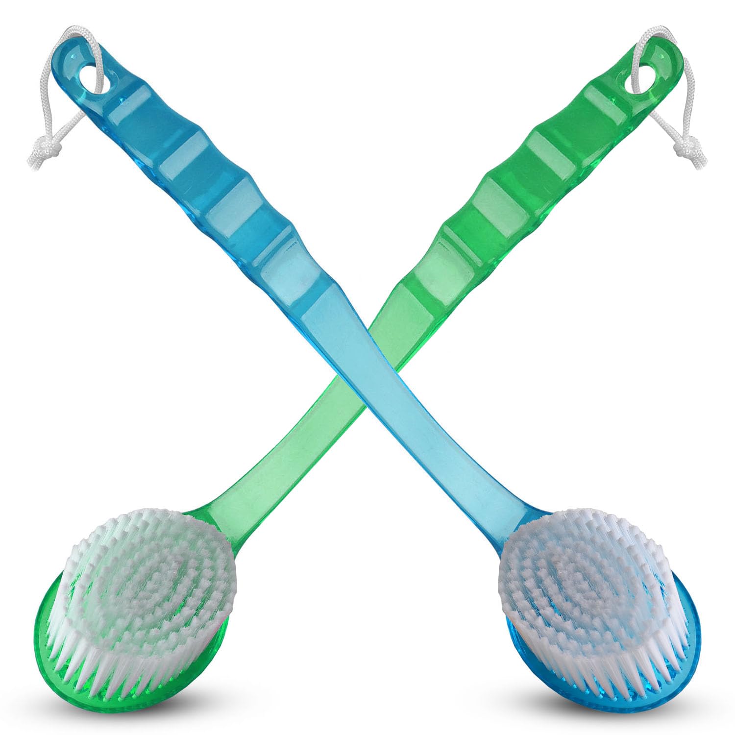 2 Pack Long Handle Bath & Body Brush with Soft Nylon Bristles - Exfoliating Back Scrubber, Body Brush and Foot Scrubber for Shower (Blue & Green) - Perfect for Deep Cleansing & Skin Exfoliation in Bath or Shower