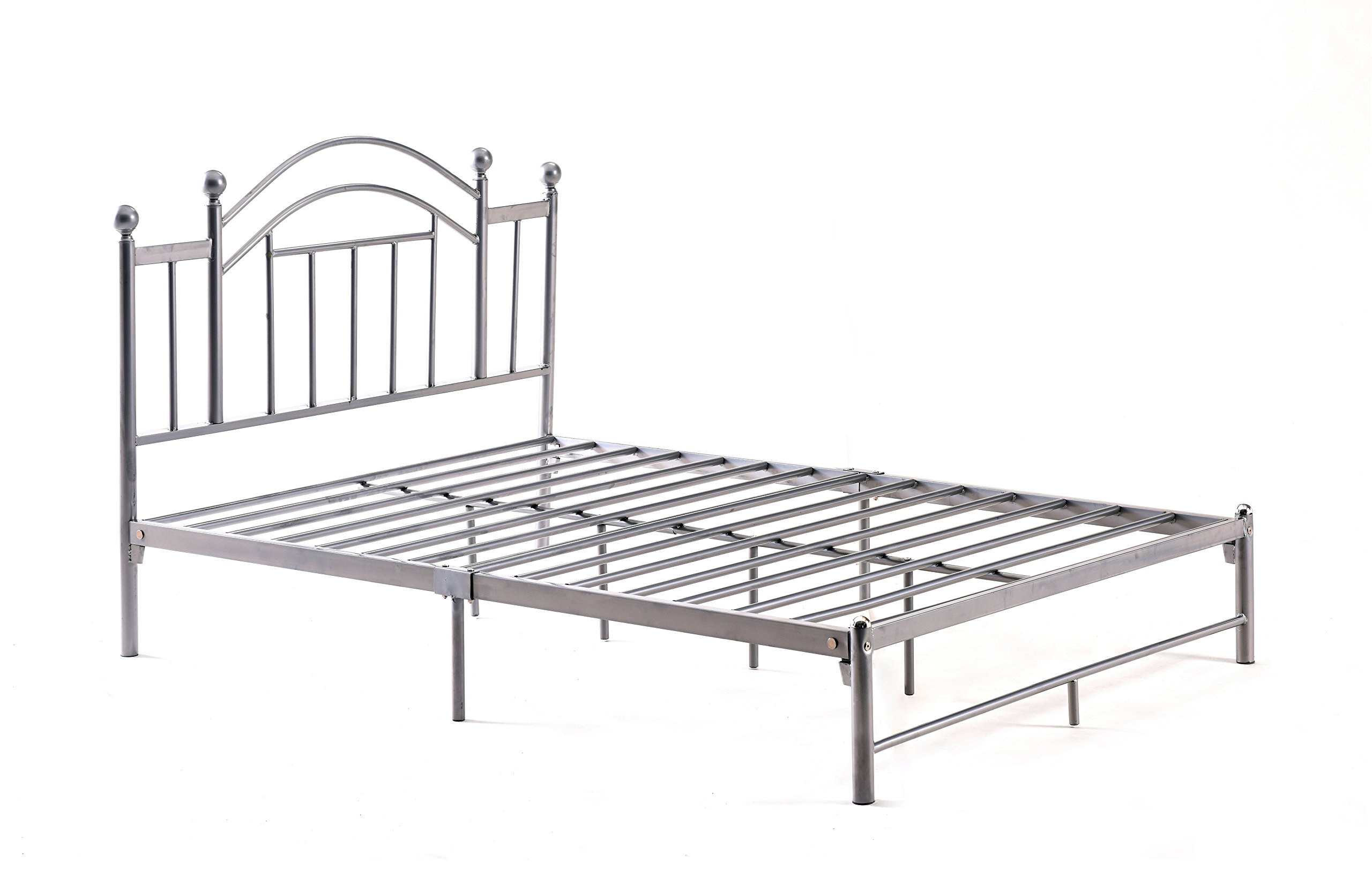 Hodedah Silver Queen Size Bed Frame with Headboard, Slats & Rails - Sturdy Metal Platform Bed for Bedroom, Guest Room, or Dorm