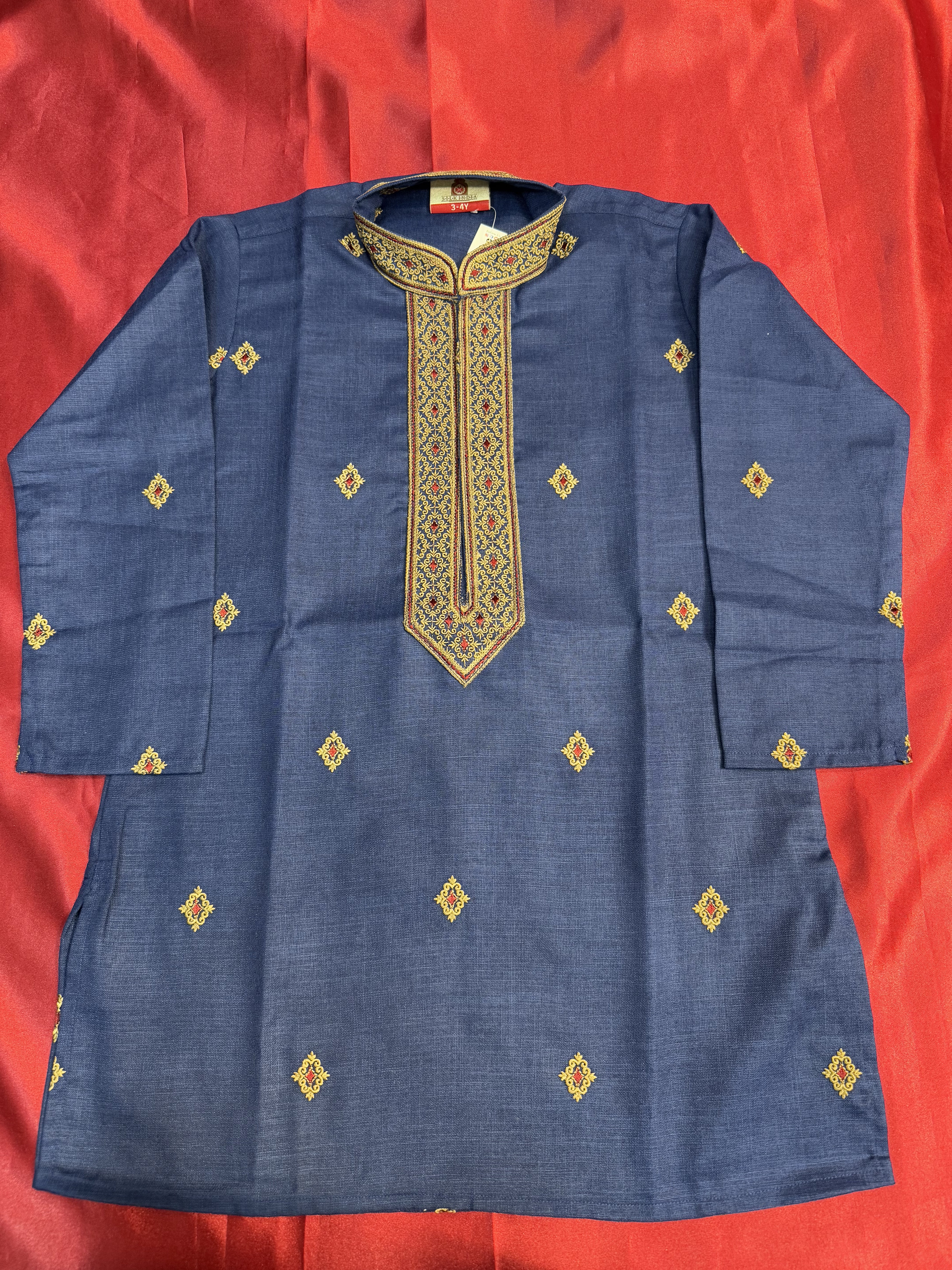 Stylish Navy Blue Poly Cotton Embroidered Kurta Set with Pajama Pants for Kids | Comfortable Ethnic Wear for Festivals, Parties & Special Occasions