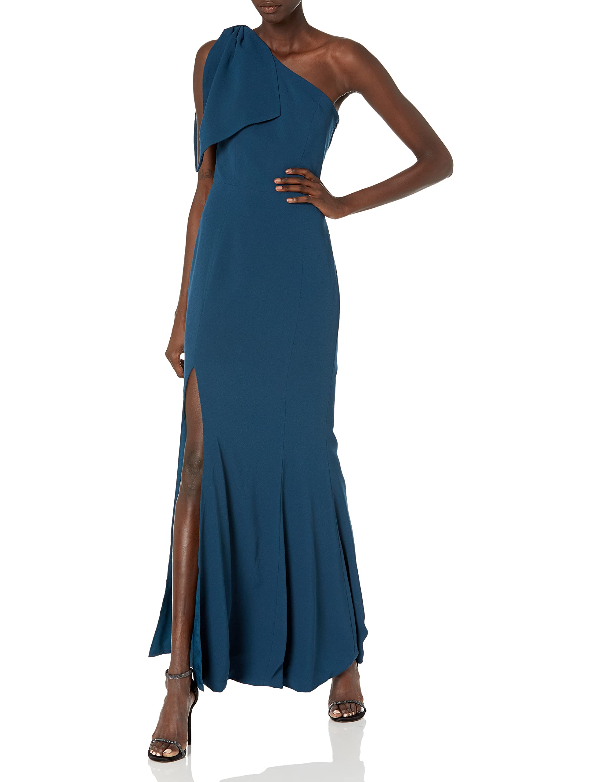 Dress the Population Women's Georgina One Shoulder Bow Detail Trumpet Gown Long Dress - Elegant Formal Evening Gown for Prom, Wedding, Black Tie Events & Special Occasions