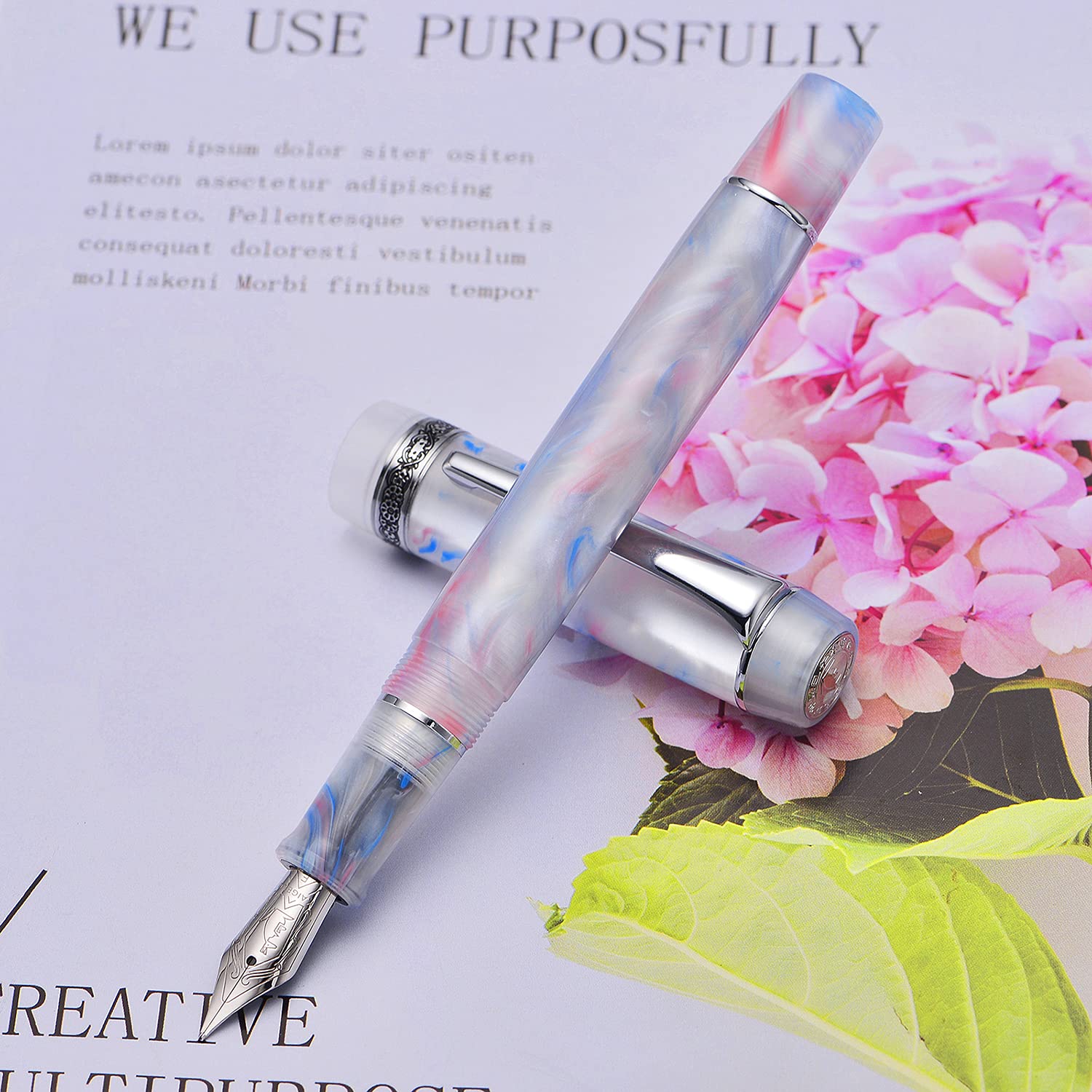 Erofa Kaigelu 316A Extra Fine Nib Fountain Pen with Ink Converter - Dream Blue Pink Marble Acrylic Writing Pen for Calligraphy, Journaling & Office Use