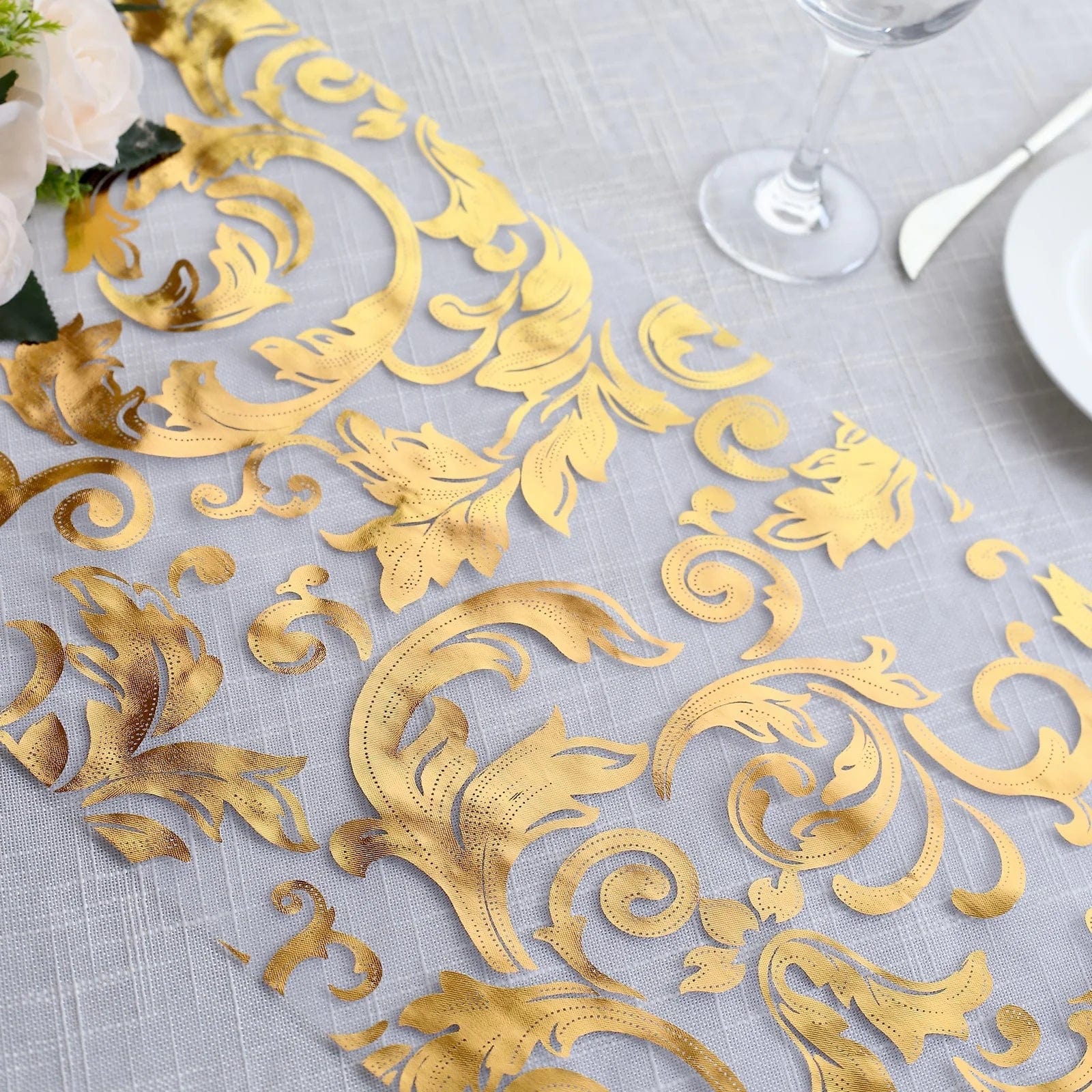 12-Pack 108-Inch Metallic Sheer Organza Table Runners with Elegant Swirl Floral Design - Perfect for Weddings, Parties, and Holiday Decorations