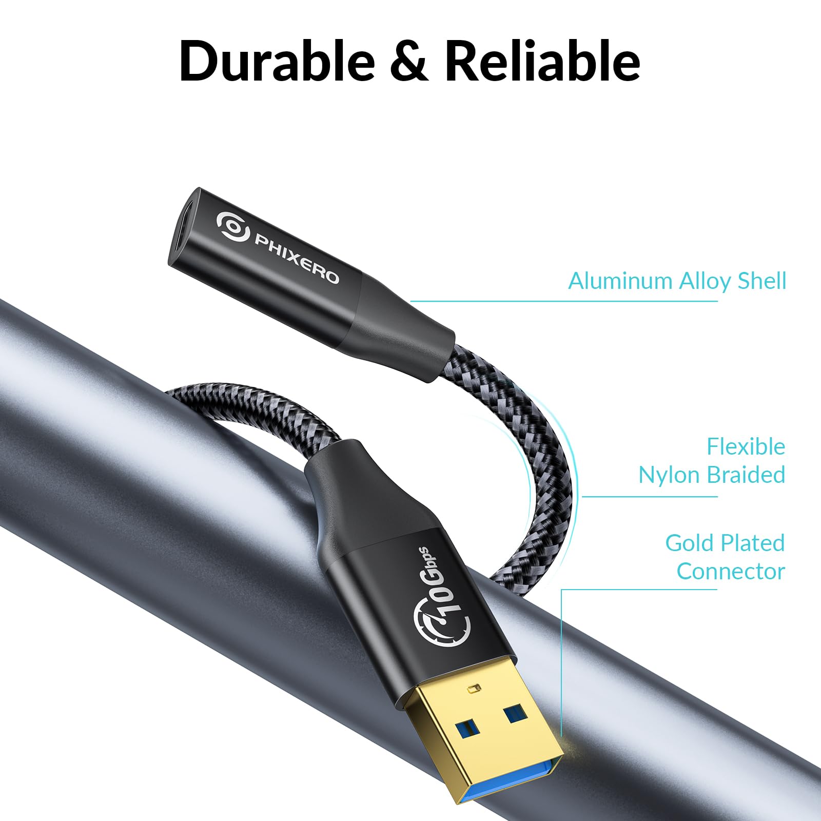 PHIXERO 10Gbps USB C Female to USB A Male Adapter (1ft) - USB 3.1 Gen 2 Fast Charging & Data Transfer Cable for Laptop, PC, Flash Drive, Oculus Quest Link - Perfect for High-Speed File Transfer & Device Charging