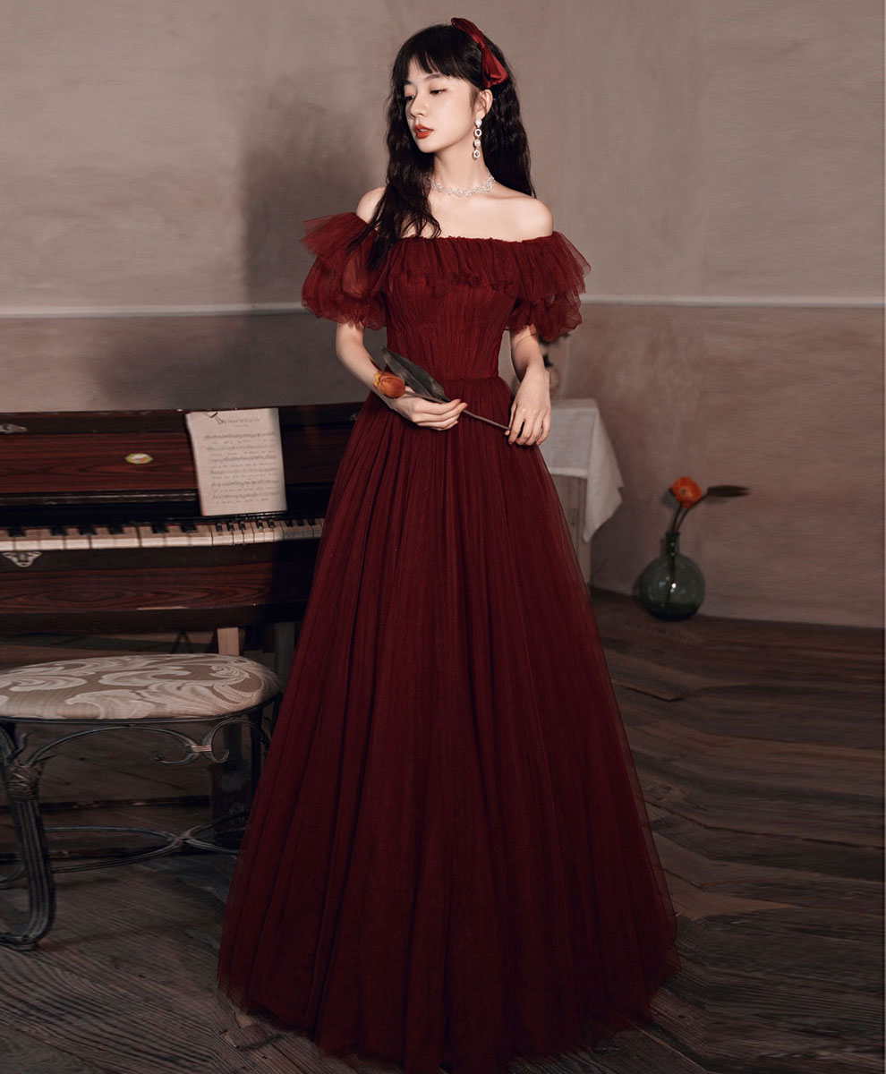 Elegant Burgundy Off Shoulder Tulle Long Prom Dress for Women - Perfect for Evening Gowns, Homecoming, Formal Dances & Special Occasions