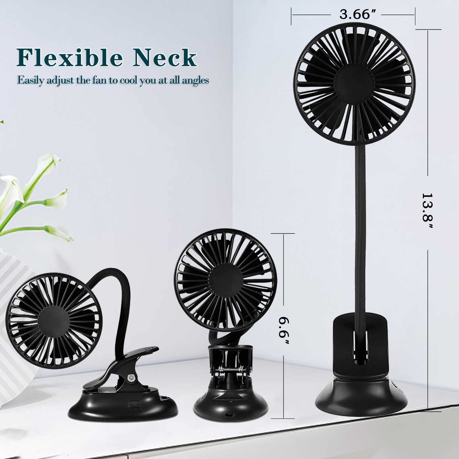 USB Clip on Mini Fan - Rechargeable Battery Operated Desk Fan with Emergency Power Bank, 3 Speed Adjustable Flexible Neck - Perfect for Baby Stroller, Beach, Car, Camping, Dorm, Bed & Office (Black)