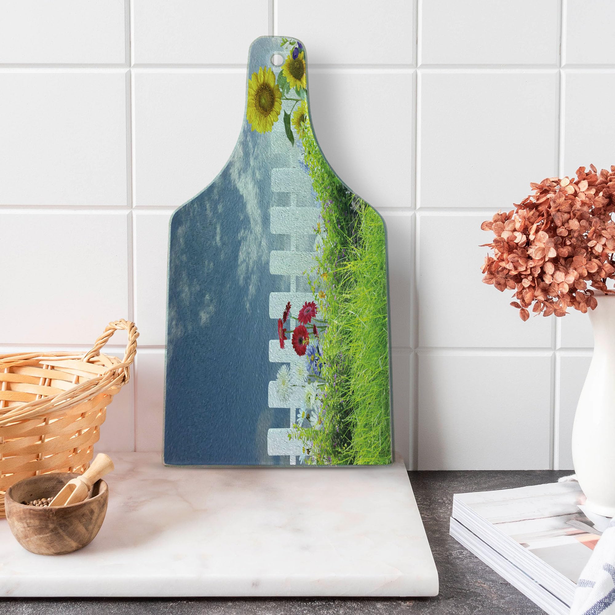 Ambesonne Rustic Cutting Board - Sunflower Daisy Hedge Fence Design on Tempered Glass, Decorative Serving Board for Kitchen, Charcuterie & Wine (Wine Bottle Shape, White Green Blue) - Perfect for Farmhouse Decor, Cheese Platters & Entertaining