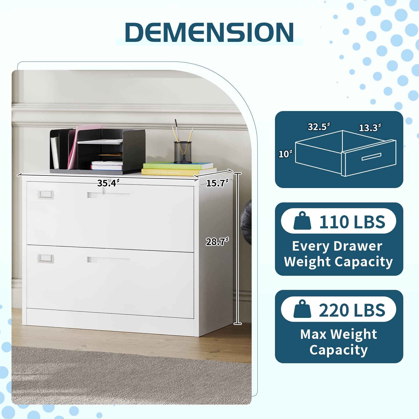MIIIKO 2-Drawer Lateral File Cabinet with Lock - White Home Office Filing Cabinet, Large Deep Drawers with Key Lock for Hanging Folders (Letter/Legal/F4/A4 Size) - Perfect for Office Organization and Document Storage